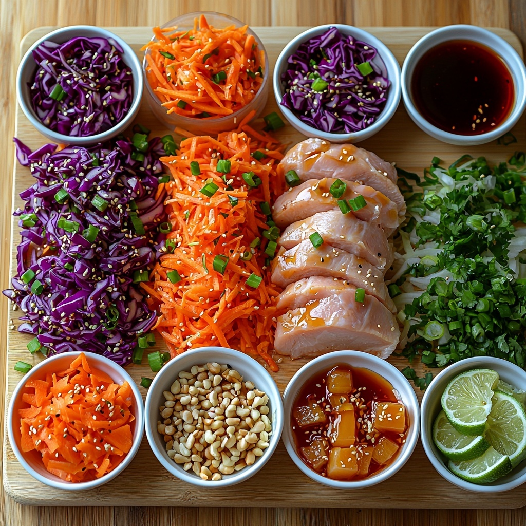 Two raw chicken breasts cut into bite-sized pieces, small bowls with teriyaki sauce, soy sauce, sesame oil, honey, vinegar, and sweet chili sauce — fresh minced garlic and ginger cloves beside them; vibrant piles of shredded purple cabbage, green cabbage, and bright orange shredded carrots arranged neatly in small white dishes; thinly sliced green onion rounds scattered lightly on the surface; crispy golden wonton wrapper strips fanned out on parchment paper; a small bowl of white sesame seeds next to freshly chopped cilantro leaves; lime wedges sliced and placed in a crescent shape — all ingredients laid out on a clean, light wood surface with soft natural daylight illuminating the scene, subtle shadows adding depth, textures from crisp wonton strips to delicate cabbage shreds emphasized, colors vibrant and inviting, styled minimally with rustic kitchen elements subtly blurred in the background to keep focus on ingredients; overhead shot, top down view, flat lay photography, professional food styling --ar 1:1 --q 2 --s 750 --v 6.1