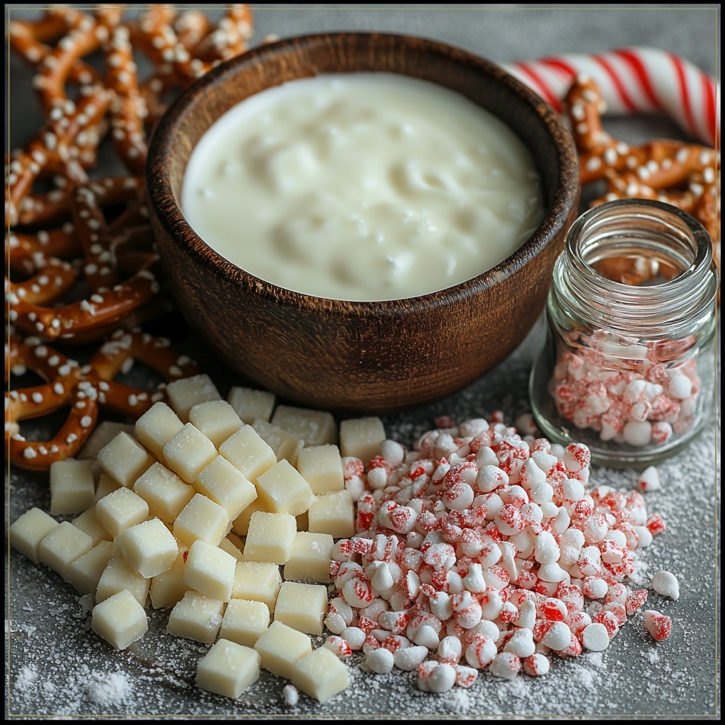 A clean white surface neatly arranged with the main ingredients for white chocolate peppermint pretzel crisps: a small rustic bowl filled with glossy white chocolate chips, a scattering of crunchy golden-brown pretzel crisps with coarse salt visible, a tiny glass jar or spoon holding clear peppermint extract, and a small pile of vibrant red-and-white crushed candy canes with sparkling sugar crystals. The ingredients are spaced evenly with natural soft daylight highlighting the smooth texture of the melted white chocolate, the roughness of the pretzels, the glassy peppermint extract, and the festive crushed candy pieces. Minimal shadows and a few scattered whole candy canes subtly frame the composition to evoke a cozy, holiday baking vibe. Overhead shot, top down view, flat lay photography, professional food styling --ar 1:1 --q 2 --s 750 --v 6.1
