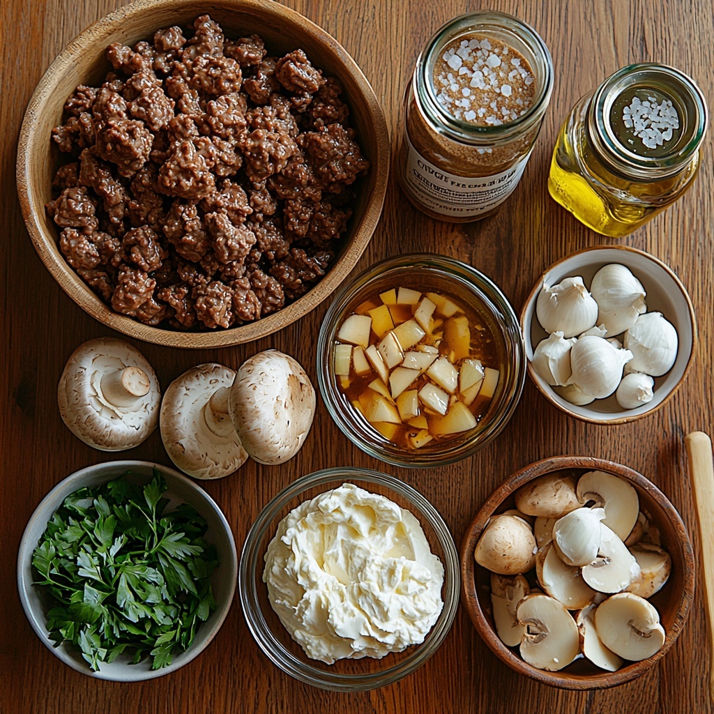 A clean, light wood surface with all main ingredients for beef stroganoff artfully arranged: a rustic bowl of lean ground beef with deep red and brown rich tones, a cluster of fresh cremini mushrooms sliced to show creamy beige gills and smooth brown caps, a small glass bowl of finely chopped translucent onion pieces, a tiny dish holding minced white garlic cloves, a clear measuring cup filled with dark amber low-sodium beef broth, a white ceramic ramekin of thick, creamy off-white full-fat sour cream, a small jar of glossy golden Dijon mustard, a bottle of rich greenish-gold olive oil with a slight sheen, coarse salt crystals and black peppercorns spilled near a wooden spoon, and a few sprigs of vibrant green fresh parsley placed delicately for garnish. Soft natural light enhances the warm, earthy tones and diverse textures; all ingredients spread evenly with gentle shadows, leaving negative space for balance. overhead shot, top down view, flat lay photography, professional food styling --ar 1:1 --q 2 --s 750 --v 6.1