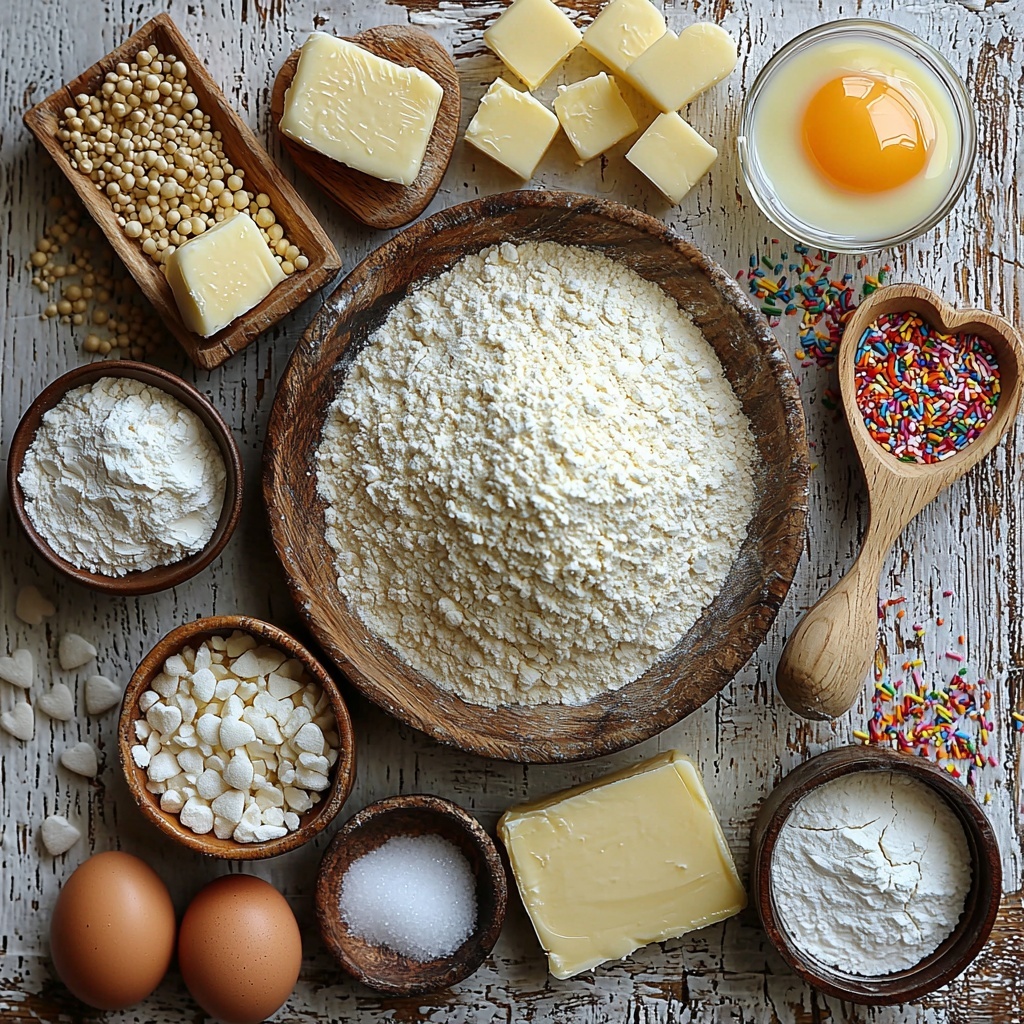 A clean, bright white surface styled for flat lay food photography featuring the main ingredients for heart-shaped sugar cookies: a neat mound of all-purpose flour in a small ceramic bowl, a wooden spoon resting beside a heap of granulated sugar sparkling subtly, a pat of soft unsalted butter on a rustic plate showing creamy texture, a cracked egg with glossy yolk in a glass bowl, a small dish of pale beige baking powder and another with fine white salt, two delicate glass bowls holding smooth vanilla and almond extracts with light amber hues, and a small bowl of colorful sprinkles shimmering, arranged harmoniously with a vintage rolling pin and heart-shaped cookie cutters nearby to hint at the baking process. The composition balances warm and neutral tones with soft natural lighting, casting gentle shadows that highlight the varied textures—powdery flour, grainy sugar, creamy butter, and glossy egg yolk. Minimalist styling with touches of rustic charm, emphasizing freshness and inviting creativity. overhead shot, top down view, flat lay photography, professional food styling --ar 1:1 --q 2 --s 750 --v 6.1