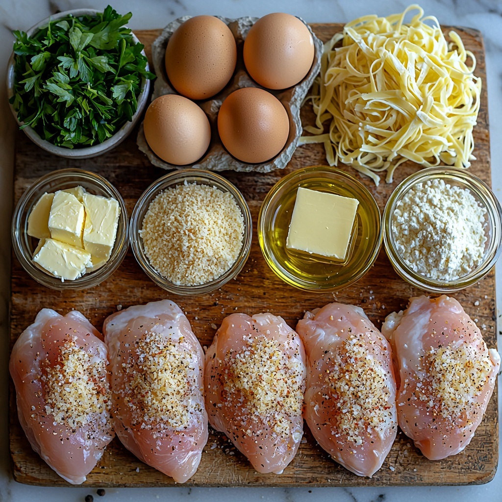 A clean white marble surface with all the main ingredients for Parmesan Crusted Chicken with Alfredo neatly arranged in a visually pleasing flat lay. Four raw boneless, skinless chicken breasts are placed on a wooden cutting board, showing their smooth, pale pink texture. Nearby, small white bowls hold grated Parmesan cheese and shredded mozzarella cheese, showcasing their fine and fluffy textures. A bowl of golden breadcrumbs contrasts with the powdery white flour on a ceramic plate. Two eggs sit cracked open in a glass bowl, revealing bright yellow yolks and clear egg whites. A small glass jar of rich olive oil glistens under soft lighting next to a pile of minced garlic cloves with slightly rough, moist textures. A pat of smooth, pale yellow butter rests on a small dish. Fresh green chopped parsley adds a pop of bright color in a small ramekin. Salt and black peppercorns are scattered lightly nearby, adding texture and contrast. An arranged nest of cooked fettuccine pasta with a glossy, tender appearance completes the scene. The composition is styled with natural light, gentle shadows, and a balance of warm and cool tones, emphasizing textures and freshness, overhead shot, top down view, flat lay photography, professional food styling --ar 1:1 --q 2 --s 750 --v 6.1
