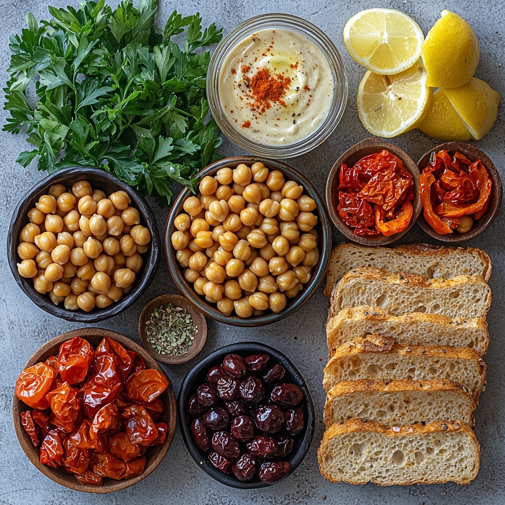 A vibrant flat lay of Mediterranean chickpea salad sandwich ingredients arranged neatly on a clean white surface: a small bowl of firm, light beige chickpeas, finely diced bright red and yellow bell peppers in a small pile, thinly sliced crisp green onions fanned out, finely chopped deep red sun-dried tomatoes in a tiny heap, glossy black and green olives scattered artfully, minced golden-brown dates adding warmth, small rustic piles of dried oregano, coriander, cumin, onion powder, black pepper, zatar, red pepper flakes, and salt each in tiny wooden spoons or bowls showcasing earthy hues, a bunch of fresh curly green parsley and bright mint leaves arranged as fragrant accents, a half cup of creamy beige tahini in a small bowl with a drizzle poised to pour, a small glass with transparent hot water beside it, thin lemon wedges glistening with juice, golden toasted slices of rustic bread stacked with visible crisp texture, and a handful of fresh assorted mixed greens with vibrant shades of green scattered to balance the composition. The ingredients are spaced to emphasize vivid colors and varied textures—soft, crisp, smooth, and coarse—styled with natural lighting to enhance freshness and make each element pop. The overall mood is bright, clean, Mediterranean-inspired, fresh and inviting. Overhead shot, top down view, flat lay photography, professional food styling --ar 1:1 --q 2 --s 750 --v 6.1