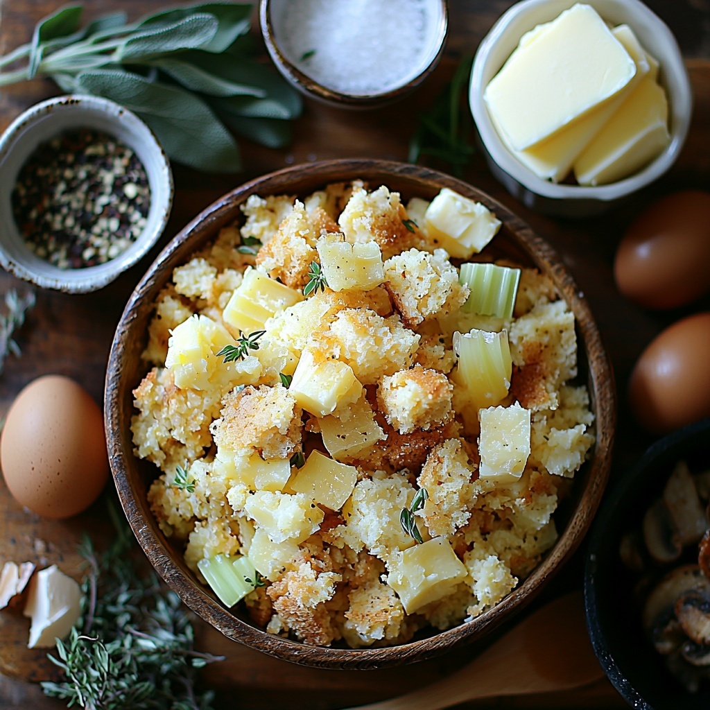 A clean, rustic wooden surface with all main ingredients for Thanksgiving dressing artfully arranged in a balanced flat lay: crumbled golden yellow cornbread piled loosely in a natural heap, a small white bowl filled with diced translucent yellow onion, another white bowl holding bright green celery cubes, a vintage silver dish with softened glossy unsalted butter, a wooden spoon resting beside a small glass bowl of clear to slightly amber chicken broth, fresh sage and thyme sprigs with vibrant green leaves scattered delicately nearby, two large brown eggs nestled in a small ceramic nest, a tiny white ramekin filled with coarse white salt, another with freshly ground black pepper showing dark specks, and a small cast iron skillet containing browned, cooked sausage pieces and sautéed mushrooms with rich, earthy tones. The arrangement emphasizes warm autumnal colors, contrasting textures from soft butter to crumbly cornbread and fresh herbs, styled with natural light casting gentle shadows, minimal props, and a few autumn leaves as subtle accents. The scene feels cozy, inviting, and perfectly styled for a seasonal recipe preview. Overhead shot, top down view, flat lay photography, professional food styling --ar 1:1 --q 2 --s 750 --v 6.1
