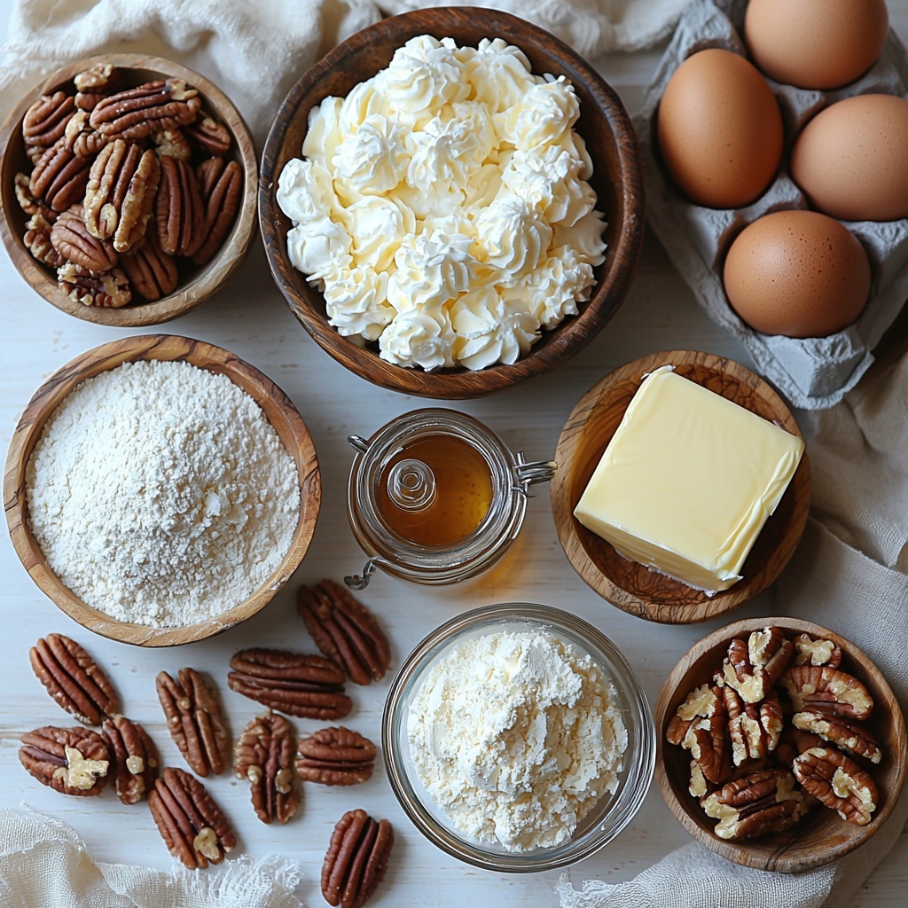 A clean, bright white surface neatly arranged with main ingredients for Old Fashioned Pecan Tassies: a small bowl of soft, pale yellow salted butter next to a block of smooth, creamy white cream cheese; a glass measuring cup filled with fluffy all-purpose flour; a rustic wooden bowl heaped with rich, dark brown sugar, crystalline and moist; a small glass bowl with melted golden butter glistening under soft light; two fresh brown eggs with smooth shells resting nearby; a tiny bottle or a few drops of amber maple extract; a small clear bowl filled with finely chopped pecans showcasing their warm, earthy brown tones and rough textures; and several whole pecan halves fanned out, glossy and inviting as the final garnish. The ingredients are spaced with thoughtful balance, casting soft natural shadows, with subtle linen napkins and a classic wooden spoon adding warmth and texture. The overall palette is warm and inviting, emphasizing natural textures and colors, styled for an elegant yet approachable baking scene. Overhead shot, top down view, flat lay photography, professional food styling --ar 1:1 --q 2 --s 750 --v 6.1