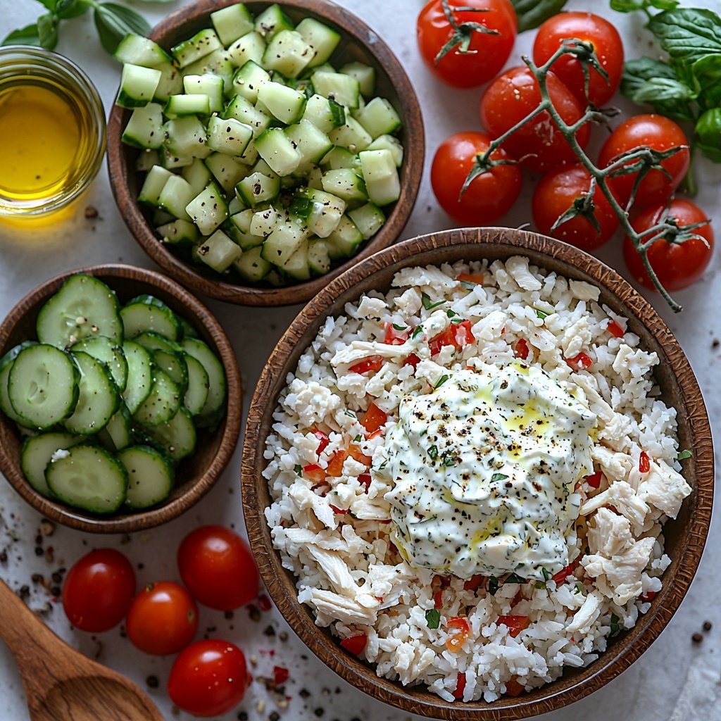 A clean white surface with neatly arranged ingredients for a chicken tzatziki casserole: shredded cooked chicken in a small rustic bowl showing tender white and golden textures; a dollop of creamy white tzatziki sauce swirled on a small dish with visible flecks of cucumber and herbs; a mound of fluffy cooked rice with soft, slightly glossy grains; bright green diced cucumbers scattered in a small heap, showcasing their fresh crunch; vibrant red cherry tomatoes, halved to reveal juicy interiors and glossy skin; crumbles of white feta cheese with a slightly crumbly texture on a small plate; a small glass dish of golden olive oil glistening under soft light; sea salt flakes and freshly cracked black peppercorns artistically sprinkled nearby; the ingredients spaced evenly with natural shadows emphasizing their colors and textures; subtle linen napkin and a wooden spoon as minimal props to add warmth and contrast; overall composition crisp, clean, and inviting with natural daylight highlighting freshness and detail — overhead shot, top down view, flat lay photography, professional food styling --ar 1:1 --q 2 --s 750 --v 6.1