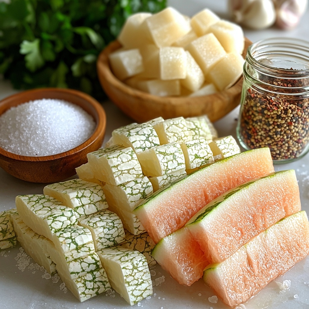 watermelon rinds, both peeled with a soft white rind and some with a thin green outer peel intact, arranged in neat stacks and loose pieces; kosher salt in a small rustic ceramic bowl showing coarse white crystals; a clear glass measuring cup filled with crisp white granulated sugar; a glass jar of translucent white vinegar; a small bowl with minced garlic cloves displaying creamy, slightly moist texture; a small dish holding mixed pickling spices featuring varied colors—deep browns, reds, and golden mustard seeds; all ingredients artfully spaced on a pristine white countertop with soft natural lighting emphasizing fresh, vibrant greens and whites, subtle shadows adding depth; textures ranging from smooth glass and ceramic to rough salt crystals and fibrous watermelon rind create dynamic contrast; minimalistic styling with a clean, airy atmosphere, slight overhead angle to capture every detail crisply, emphasizing freshness and summertime feel overhead shot, top down view, flat lay photography, professional food styling --ar 1:1 --q 2 --s 750 --v 6.1