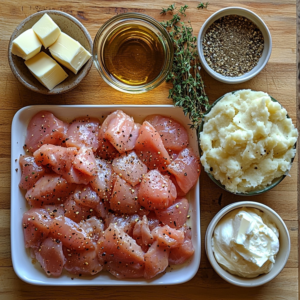 A clean, light wooden surface arranged with the main ingredients for quick chicken and gravy: a small pat of unsalted butter with smooth, creamy texture on a white dish; a small glass bowl of golden extra virgin olive oil; a medium onion roughly chopped showcasing its white and purple layers; raw boneless, skinless chicken breast pieces, pink and plump, neatly stacked; small rustic ceramic spoons holding poultry seasoning, kosher salt, and coarse black pepper, their powders contrasting in shades of beige, white, and black; a few tablespoons of unsalted butter cubes, pale yellow and soft; a small mound of fine all-purpose flour, bright white and powdery; a clear measuring cup with low-sodium chicken broth, light golden and translucent; a small bunch of fresh green thyme sprigs next to a tiny bowl of dried thyme with muted green-brown leaves; a small bowl of creamy white nonfat Greek yogurt; and a bowl of smooth, fluffy hot mashed potatoes with a slight sheen. The ingredients are spaced evenly with natural soft daylight highlighting their textures and colors, styled with a few fresh thyme sprigs scattered around for freshness, minimal shadows, and clean white ceramic and glass bowls to enhance the natural hues. overhead shot, top down view, flat lay photography, professional food styling --ar 1:1 --q 2 --s 750 --v 6.1