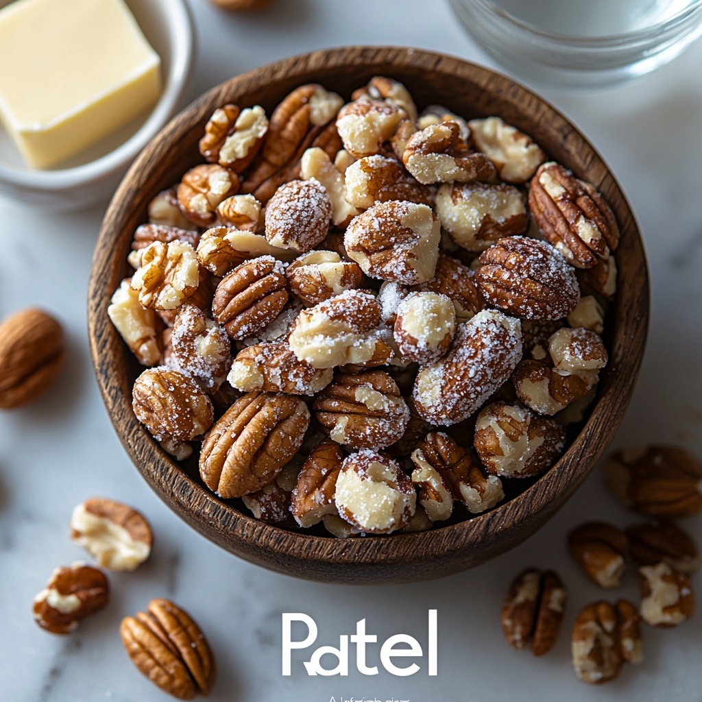 cup of mixed nuts (pecans, walnuts, almonds, cashews) scattered loosely in a small rustic wooden bowl and spilled slightly onto a clean white marble surface; next to it, a small vintage porcelain dish filled with sparkling white granulated sugar; nearby, six small pieces of cold butter, pale yellow with smooth, glossy texture, arranged neatly on a square white ceramic plate; a clear glass measuring spoon with a small amount of water reflecting soft light; the composition balanced with natural light casting gentle shadows, highlighting the rich browns and creams of the nuts, the buttery yellows, and the sparkling sugar crystals; minimalistic styling with a touch of warmth and rustic charm, subtle textures of wood, marble, and ceramic surfaces enhancing the tactile appeal — overhead shot, top down view, flat lay photography, professional food styling --ar 1:1 --q 2 --s 750 --v 6.1