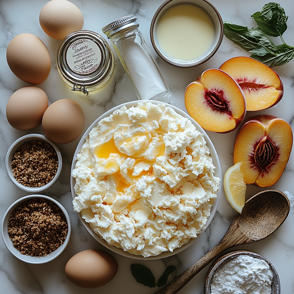 A clean white marble surface with an artfully arranged flat lay of ingredients for Peach Cobbler Cheesecake: a small bowl of golden graham cracker crumbs next to a ramekin of melted unsalted butter glistening in soft light; a smooth block of cream cheese with a vintage silver knife resting beside it; a clear glass jar of fine white granulated sugar and a small dish of rich brown sugar crystals; three fresh large eggs positioned neatly in a ceramic bowl; a slender glass bottle of vanilla extract catching light; a vibrant bowl of freshly sliced juicy peaches in warm orange and yellow hues; a small wooden spoon sitting atop a heap of warm cinnamon powder; a tiny bowl of pale cornstarch powder next to a small lemon wedge and a drizzle of lemon juice in a teaspoon. The colors contrast beautifully—the creamy whites, warm browns, soft yellows, and fresh fruits—with natural textures like crumbly, smooth, granular, and juicy notes. The ingredients are spaced with deliberate gaps and styled with minimal rustic props like linen napkins and simple ceramic bowls to enhance the artisanal feel. Soft natural daylight highlights textures and richness of colors, creating an inviting and fresh composition. overhead shot, top down view, flat lay photography, professional food styling --ar 1:1 --q 2 --s 750 --v 6.1