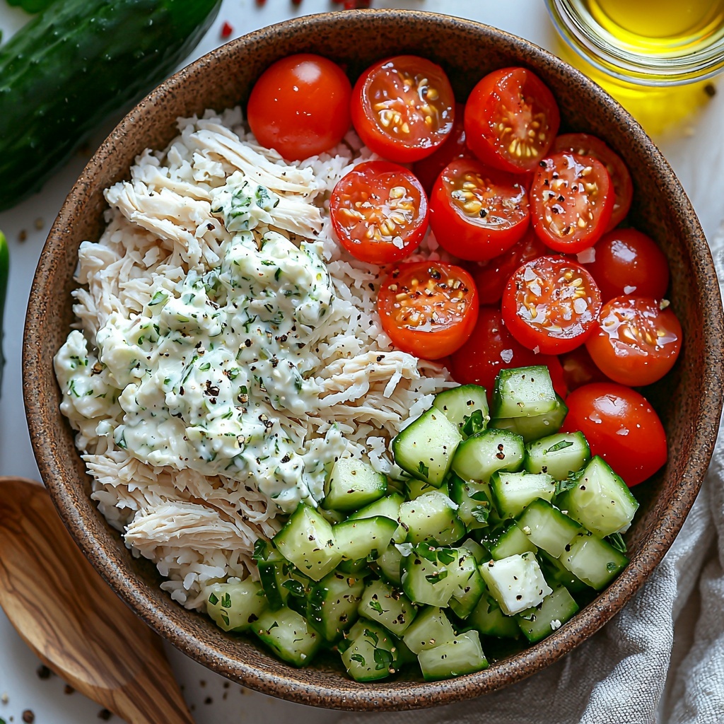 2 cups shredded cooked chicken, tender white and golden pieces; 1 cup creamy white tzatziki sauce in a small rustic bowl with visible cucumber flecks; 1 cup fluffy cooked white rice, softly piled; 1 cup bright green diced cucumbers, fresh and crisp; 1/2 cup halved cherry tomatoes, vibrant red and glossy; 1/4 cup crumbly white feta cheese scattered delicately; 1 tablespoon golden olive oil in a small clear glass dish; sprinkles of coarse salt and cracked black pepper visible on the clean surface. All ingredients thoughtfully arranged on a smooth, neutral light-toned wooden or white surface with natural diffused light casting soft shadows. Props include a wooden spoon, linen napkin softly folded nearby, and minimal rustic bowls to enhance organic textures and fresh colors. Composition balanced to showcase each ingredient’s texture and color contrast, evoking a fresh, Mediterranean feel. overhead shot, top down view, flat lay photography, professional food styling --ar 1:1 --q 2 --s 750 --v 6.1