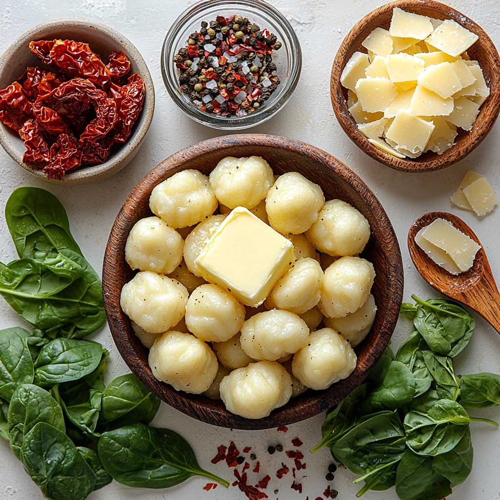 butter in a small rustic dish, two cloves of finely chopped garlic scattered nearby, uncooked plump gnocchi arranged in a neat cluster showing their soft, pillowy texture, chopped sun-dried tomatoes with rich deep red hues laid out in a small bowl, small wooden spoon holding Italian seasoning and crushed red pepper flakes displaying vibrant green and fiery red colors, coarse salt crystals and ground black peppercorns beside each other on a clean white ceramic plate, a glass measuring cup filled with creamy white heavy cream next to a small clear bowl of light golden vegetable stock, finely grated Parmesan cheese piled gently on a minimalist white surface highlighting its fluffy texture, fresh baby spinach leaves fanned out showing their bright green, crisp freshness, delicate strips of freshly sliced basil scattered artfully for contrast -- all ingredients spread evenly on a pristine matte white background, natural soft daylight illuminating textures and colors, subtle shadows adding depth, clean and minimal styling with a hint of rustic charm, overhead shot, top down view, flat lay photography, professional food styling --ar 1:1 --q 2 --s 750 --v 6.1