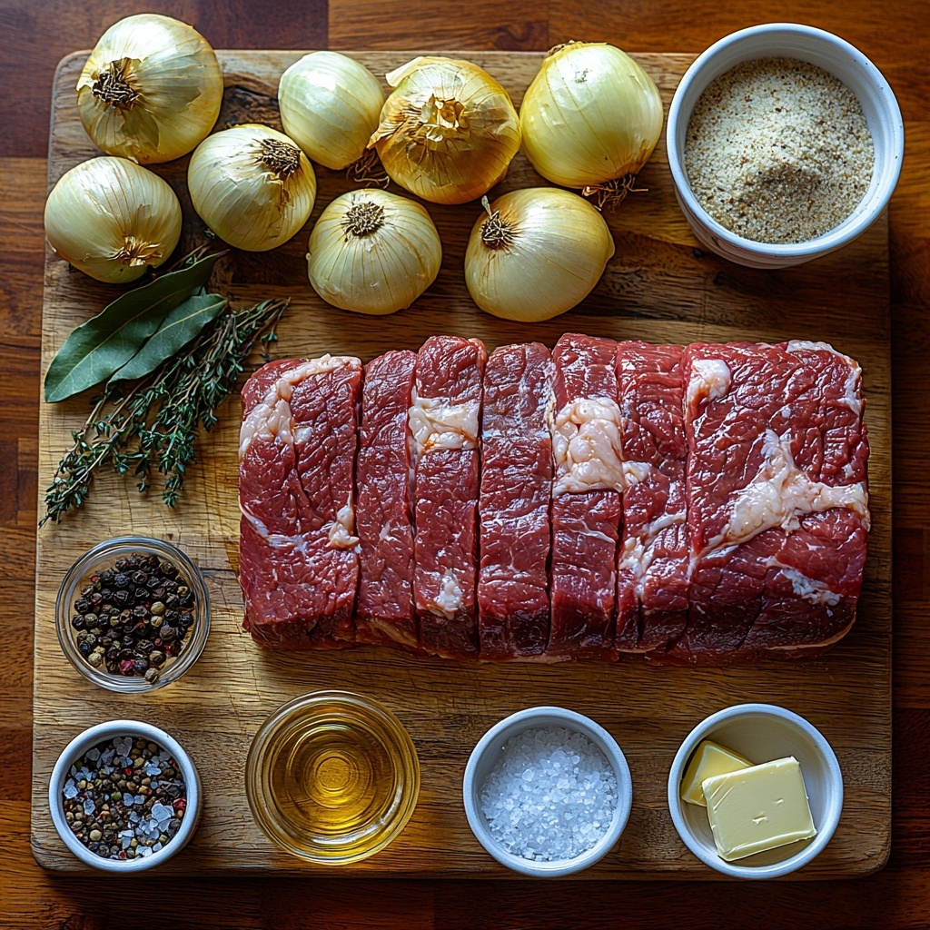 A clean, light wooden surface neatly arranged with the main ingredients for a French Onion Pot Roast: a raw chuck roast with marbled fat resting on a small wooden cutting board; a small bowl of golden olive oil gleaming in the light; a pat of rich, creamy butter on a vintage white butter dish; three large yellow onions sliced into thick rings with some whole onions placed nearby showcasing their papery skins; four peeled garlic cloves and a small pile of minced garlic on a small ceramic dish; a clear glass measuring cup filled with pale dry white wine; a rustic bowl of dark, rich beef stock; a small dish containing a cubed beef bouillon with crumbled pieces scattered nearby; a fresh green bay leaf and a small pile of dried thyme leaves on a white ceramic spoon; a scattering of coarse salt and cracked black peppercorns placed artfully on the table; a small white ramekin holding fine, white cornstarch powder; a vintage teaspoon filled with glossy Worcestershire sauce. The ingredients are spaced evenly to create balance, highlighting their natural colors and textures from smooth to rough, shiny to matte. Soft natural daylight enhances the warm golden and earthy tones, casting gentle shadows for depth. All elements styled with minimal props, clean lines, and subtle rustic accents, evoking a cozy kitchen atmosphere. Overhead shot, top down view, flat lay photography, professional food styling --ar 1:1 --q 2 --s 750 --v 6.1