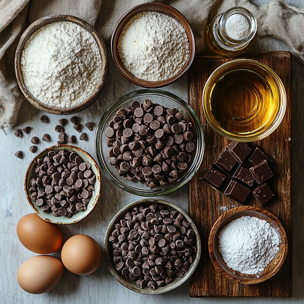 a flat lay overhead shot of all ingredients for a moist chocolate cake arranged neatly on a clean, bright white surface: two cups of all-purpose flour in a clear glass bowl showing its fine, powdery texture; a small pile of granulated sugar with sparkling white crystals; a mound of rich, dark brown unsweetened cocoa powder with a velvety texture in a ceramic dish; a glass pitcher of creamy whole milk reflecting soft light; a small clear bowl of golden vegetable oil shimmering gently; two large fresh eggs with smooth, light brown shells placed side by side; a small wooden spoon holding fine white baking powder; a tiny bowl with pale beige baking soda powder; a small pinch of fine white salt in a porcelain spoon; a clear small bottle of warm amber vanilla extract with light shining through; a cup of steaming boiling water emitting delicate wisps of steam; a scattering of glossy semi-sweet chocolate chips with a deep brown shine on a rustic wooden board; optional light dusting of powdered sugar artistically sprinkled near the ingredients; natural soft daylight illuminating the scene, subtle shadows adding depth, minimal styled props including a neutral linen napkin and a vintage metal measuring spoon; textures contrasting between smooth glass, powdery ingredients, and rustic wood, creating an inviting and warm atmosphere, overhead shot, top down view, flat lay photography, professional food styling --ar 1:1 --q 2 --s 750 --v 6.1