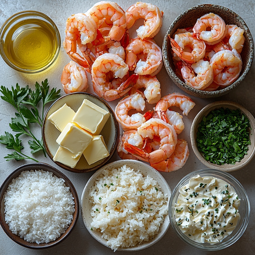 A clean white surface with all the main ingredients for garlic butter shrimp rice neatly arranged in a visually appealing flat lay: a small bowl of uncooked white rice showcasing the grains’ texture, a clear glass measuring cup filled with 2 cups water, a small dish of coarse salt crystals, four golden tablespoons of creamy butter, four cloves of garlic finely minced placed on a rustic wooden spoon, a mound of raw peeled and deveined shrimp with a subtle pink and translucent sheen, a half cup of thick heavy cream in a white ceramic bowl, a small glass bowl with bright yellow fresh lemon juice, and a handful of vibrant green fresh parsley sprigs for garnish. The ingredients are spaced evenly with soft natural lighting highlighting the contrast between the creamy butter, translucent shrimp, bright lemon juice, and fresh parsley. Shadows are soft and minimal, emphasizing the textures and colors without clutter. The overall styling is minimalist, clean, and fresh, evoking a cozy kitchen atmosphere. Overhead shot, top down view, flat lay photography, professional food styling --ar 1:1 --q 2 --s 750 --v 6.1