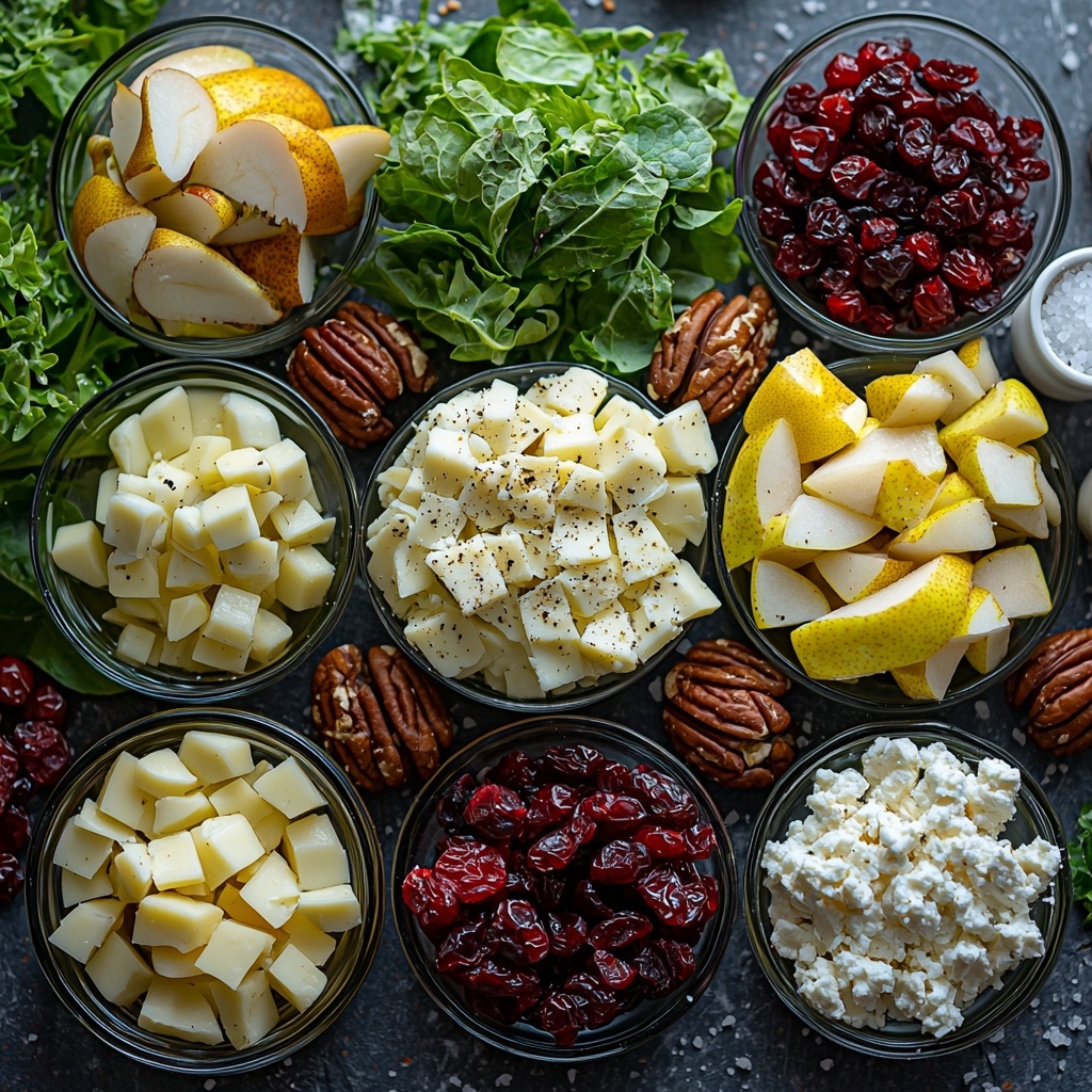 Mixed greens with vibrant deep and light greens, fresh chopped pears showcasing pale yellow and soft white flesh, rich brown pecan halves with textured ridges, scattered bright red dried cranberries, crumbly white and blue-speckled blue cheese chunks, small glass bowls of golden olive oil and pale amber white wine vinegar, a rustic spoonful of grainy Dijon mustard displaying a smooth yellow hue, and small ceramic dishes of fine white salt and granulated sugar crystals. All ingredients are artfully arranged in separate clusters on a clean, matte white surface to emphasize contrasting colors and natural textures. Soft natural lighting highlights the freshness and varied textures, with subtle shadows adding depth. Minimalist styling with space around items to create a balanced, inviting composition. Overhead shot, top down view, flat lay photography, professional food styling --ar 1:1 --q 2 --s 750 --v 6.1