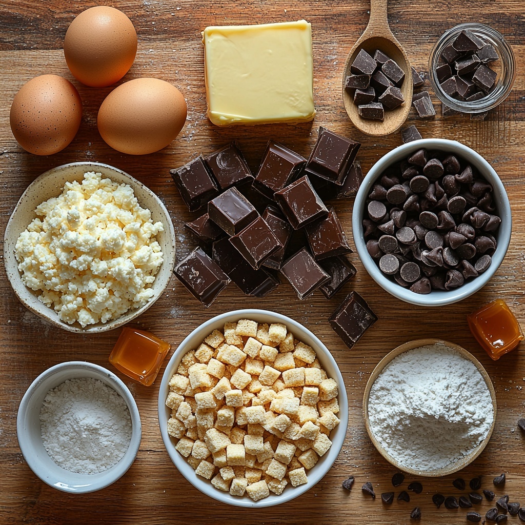 Ultimate Twix style cookie ingredients artfully arranged on a clean, light wooden surface: a neat mound of softened unsalted butter, pale creamy yellow with a smooth texture; a small white bowl of fine granulated sugar sparkling under soft light; a rustic heap of rich, moist brown sugar with golden hues; two large brown eggs with a smooth matte shell; a small glass jar of clear vanilla extract; a white ceramic bowl filled with fluffy all-purpose flour, bright white and powdery; a small wooden spoon holding fine baking soda powder; a pinch of salt crystals spread delicately on a slate tile; caramel candies wrapped in shiny golden wrappers paired with a small white ramekin holding a splash of cream; a clear glass bowl brimming with glossy semi-sweet chocolate chips, deep dark brown and smooth; all items spaced evenly with natural shadows creating depth, accented by subtle warm daylight for a cozy yet clean aesthetic, a few scattered flour dust and sugar crystals adding texture, minimalistic style, soft focus on edges, overhead shot, top down view, flat lay photography, professional food styling --ar 1:1 --q 2 --s 750 --v 6.1