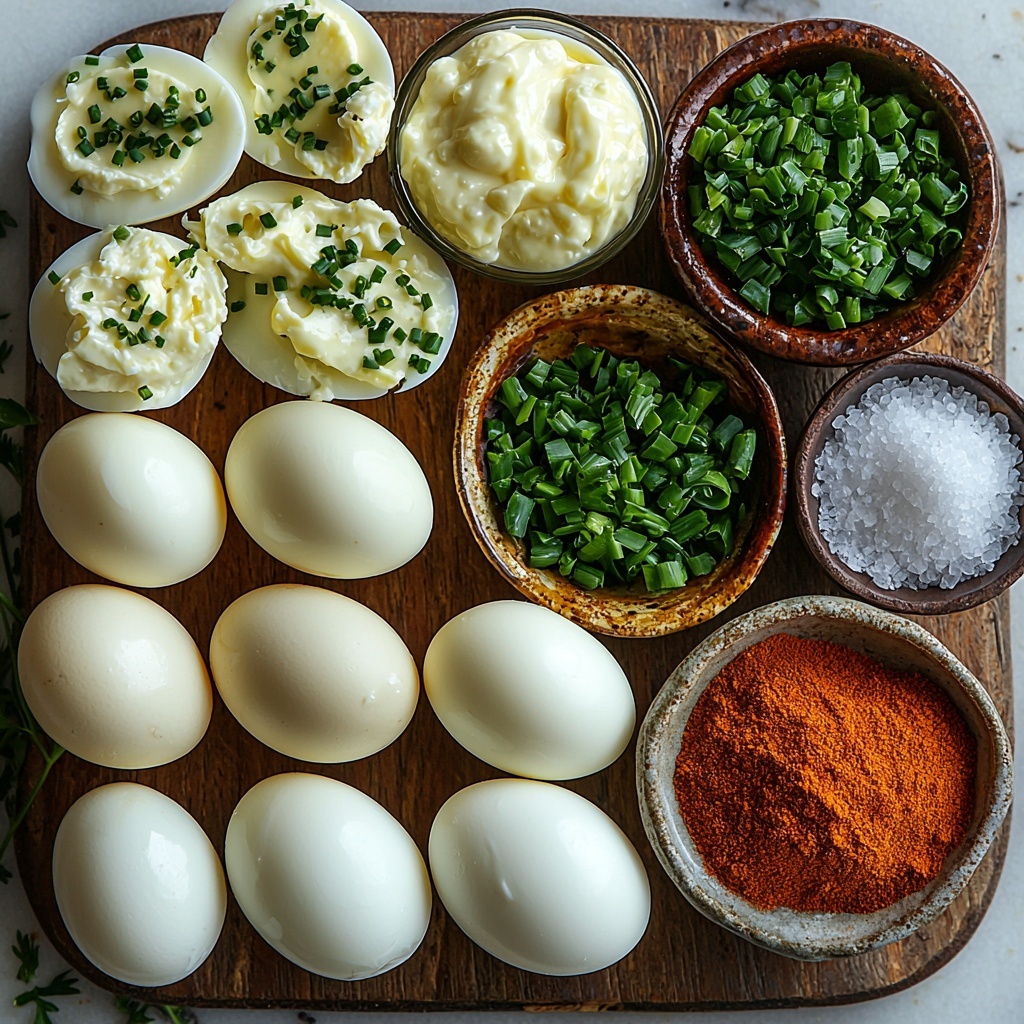 12 large whole eggs with smooth white shells, a small glass bowl containing creamy pale yellow mayonnaise, a small dish filled with bright green dill pickle relish, a spoonful of smooth golden Dijon mustard, a pinch of coarse kosher salt scattered artistically, a few cracks of freshly ground black pepper in a small ceramic bowl, a bundle of finely chopped fresh vibrant green chives, and a small heap of warm red paprika powder arranged on a clean white marble surface. The ingredients are neatly spaced in a balanced circle with natural soft lighting highlighting the varied textures — glossy eggshells, creamy mayo, chunky relish, and powdery paprika. Subtle shadows add depth, with some scattered chive pieces and salt crystals for an organic touch. Overhead shot, top down view, flat lay photography, professional food styling --ar 1:1 --q 2 --s 750 --v 6.1