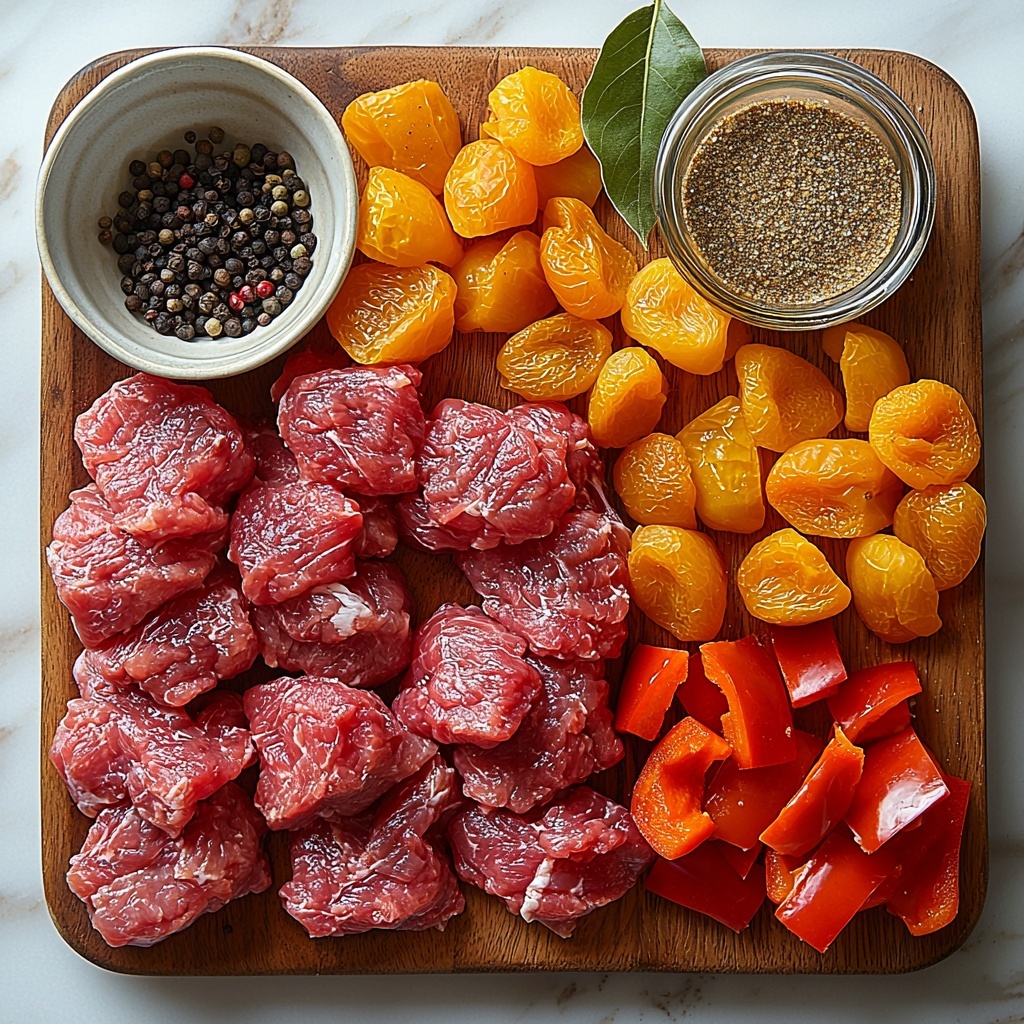 boneless lamb or chicken thigh chunks arranged neatly in a small wooden bowl, vibrant dried apricots scattered nearby showing rich orange hues and slightly wrinkled texture, bright red and yellow bell pepper chunks laid out in separate piles showcasing their crisp, glossy surfaces, large red onion squares with deep purple and white layered patterns fanned elegantly on the side, three cloves of minced garlic displayed finely chopped on a small white ceramic dish, two tablespoons of golden curry powder in a rustic spoon highlighting its warm, earthy color, dark brown granulated brown sugar forming a small mound on natural parchment paper, a clear glass bowl with pale amber apple cider vinegar captured with light reflections, a small pool of glossy olive oil in a shallow dish, coarse black pepper and coarse white salt sprinkled loosely on a textured stone slab, two fresh bay leaves with smooth matte green surfaces placed artfully beside the spices, all ingredients arranged on a clean white marble surface with natural light casting soft shadows, minimal props and subtle rustic elements like natural wood and linen cloth edges to enhance warmth and earthiness, styled for contrast between vibrant colors and raw textures, elegant yet approachable styling — overhead shot, top down view, flat lay photography, professional food styling --ar 1:1 --q 2 --s 750 --v 6.1