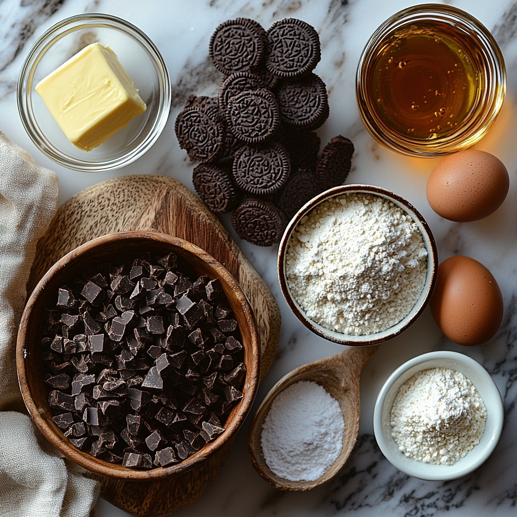 Chocolate cake ingredients including 2 cups all-purpose flour in a small glass bowl, 2 cups granulated sugar scattered lightly, ¾ cup unsweetened cocoa powder in a dark ceramic bowl, 2 teaspoons baking soda and 1 teaspoon salt in tiny white porcelain spoons; two large fresh brown eggs cracked and whole, a clear glass measuring cup with 1 cup milk, a small clear bowl of 1 cup golden vegetable oil, and a vanilla bean pod beside a small amber bottle representing 1 ½ teaspoons vanilla extract. Next to these, 1 cup boiling water in a steaming glass cup with subtle steam rising, emphasizing warmth. For the Oreo buttercream, a softened buttery yellow block of butter on a rustic wooden board, a mound of white powdered sugar dusted lightly beside it, 2 cups crushed Oreo crumbs showing dark black and white contrast in a wide shallow bowl, a small teaspoon with vanilla extract, and a few tablespoons of thick heavy cream in a white ramekin. For the chocolate ganache, 1 cup glossy semi-sweet chocolate chips spilling slightly from a square glass container, and ½ cup creamy heavy whipping cream in a small jug with a soft sheen. All ingredients are arranged artfully with natural daylight casting soft shadows on a clean white marble surface with subtle texture, accompanied by minimalistic neutral linen napkins and simple wooden spoons for added warmth and texture. Colors range from rich dark browns, creamy whites, and soft yellows, creating contrast and harmony. The composition balances rustic and modern elements, showcasing textures from powdery, creamy, smooth, and crunchy. overhead shot, top down view, flat lay photography, professional food styling --ar 1:1 --q 2 --s 750 --v 6.1