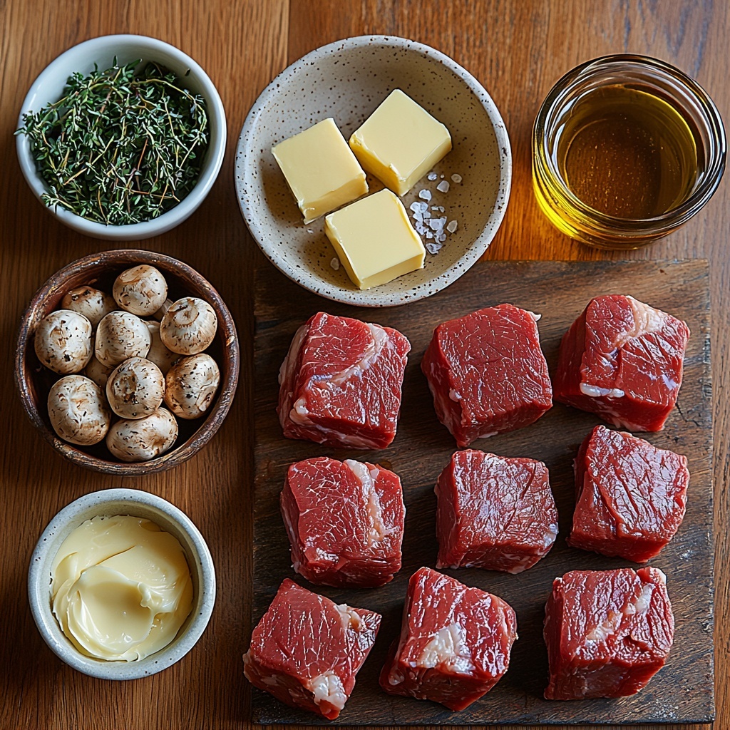 A clean, light wooden surface neatly arranged with the main ingredients for Mini Beef Wellington: a small pat of golden butter on a ceramic dish, a rustic bowl filled with finely chopped earthy brown mushrooms, fresh vibrant green thyme sprigs artfully placed nearby, raw beef tenderloin cubes with rich red color and marbled texture on a slate board, a small glass bowl of clear neutral oil, coarse sea salt and freshly ground black peppercorns scattered subtly, a small ramekin of smooth, bright yellow Dijon mustard, six delicate, translucent slices of pink Prosciutto di Parma laid out in gentle folds, two sheets of pale golden puff pastry with visible flaky layers stacked off to the side, and a small glass bowl containing a glossy, beaten egg yolk wash. The elements are spaced evenly with natural light highlighting the contrasting textures—from soft mushrooms to silky prosciutto and the raw beef's glossy sheen. Minimalist white ceramic dishes and rustic wooden accents enhance the fresh, raw ingredients vibe. Soft shadows add depth while keeping the composition airy and inviting. Overhead shot, top down view, flat lay photography, professional food styling --ar 1:1 --q 2 --s 750 --v 6.1