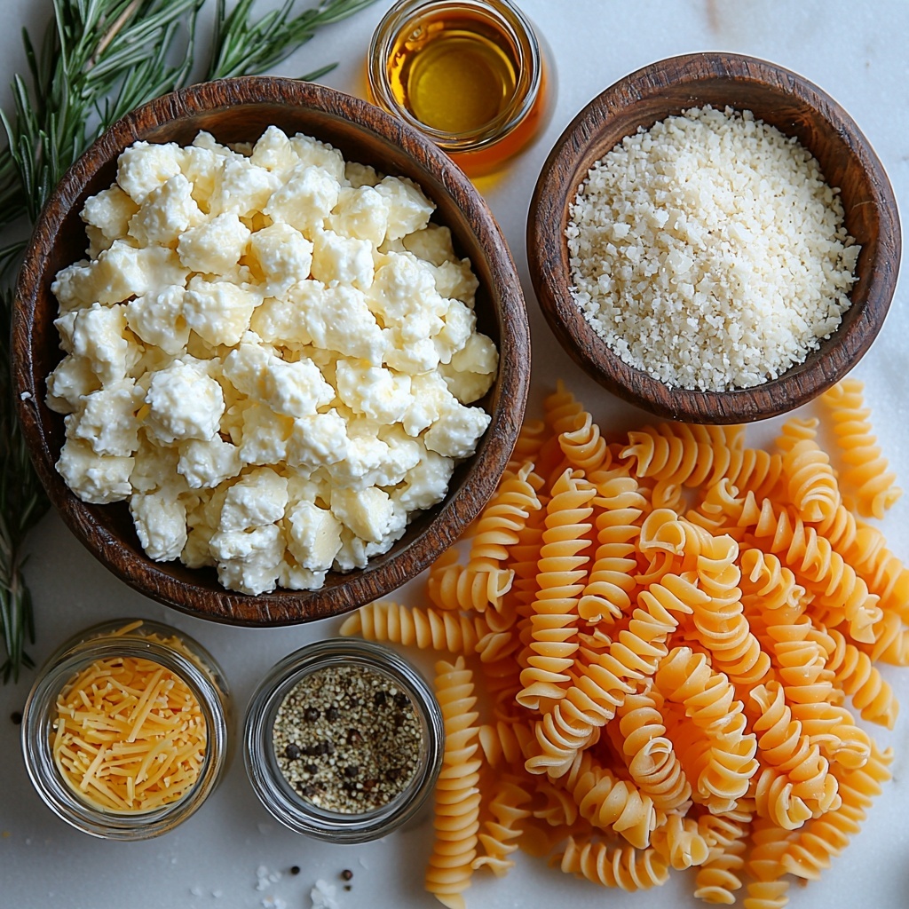 A clean white surface with a flat lay arrangement of ingredients for creamy cottage cheese mac and cheese: a small pile of uncooked golden pasta spirals, a rustic ceramic bowl filled with fluffy white cottage cheese, a wooden scoop overflowing with bright orange shredded cheddar cheese, a small glass bowl of fine golden breadcrumbs, tiny glass containers holding pale beige garlic powder and a mix of green and brown Italian seasoning, a small dish of smooth, glossy avocado oil reflecting light, and a sprinkle of coarse salt crystals scattered thoughtfully around. The textures contrast beautifully—creamy, crumbly, flaky, and smooth—with warm, inviting colors of yellow, white, orange, and green. The scene is styled with soft natural lighting, subtle shadows, and negative space to highlight each ingredient’s unique character. Overhead shot, top down view, flat lay photography, professional food styling --ar 1:1 --q 2 --s 750 --v 6.1