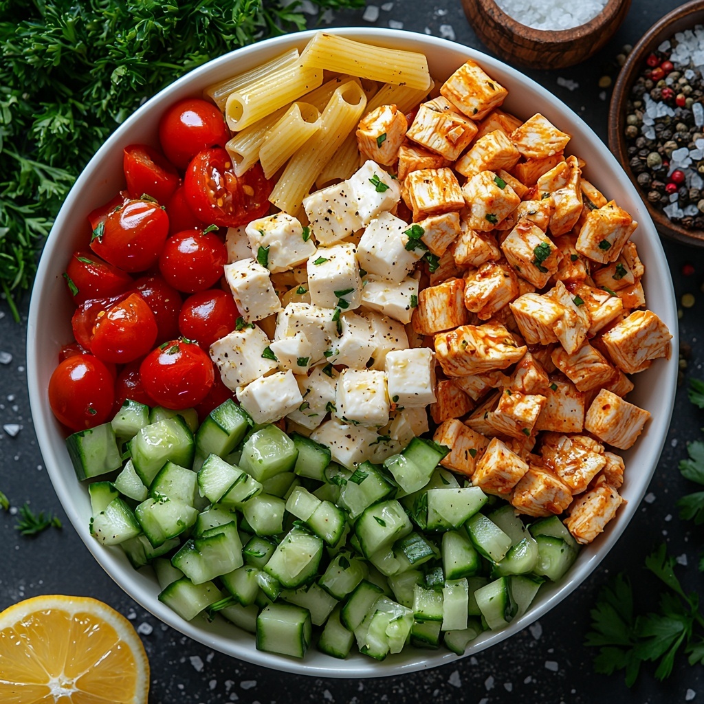 rotini and penne pasta in a small white bowl with spiral and tube shapes visible, diced cooked chicken breast pieces scattered nearby with tender, juicy texture, halved bright red cherry tomatoes showing juicy interiors, diced crisp cucumber in pale green cubes, vibrant red bell pepper pieces diced finely, chopped fresh green onions with vivid color, a small bowl of creamy white mayonnaise next to a bowl of thick plain Greek yogurt, a small dish containing golden Dijon mustard, a lemon wedge with fresh glossy skin, salt and pepper in rustic wooden salt cellar and pepper grinder, fresh parsley sprigs with bright green leaves placed delicately for garnish, all ingredients arranged neatly and spaced evenly on a clean white textured surface with soft natural lighting highlighting the colors and textures, subtle shadows adding depth, minimalist and elegant styling for an inviting and fresh feel, overhead shot, top down view, flat lay photography, professional food styling --ar 1:1 --q 2 --s 750 --v 6.1