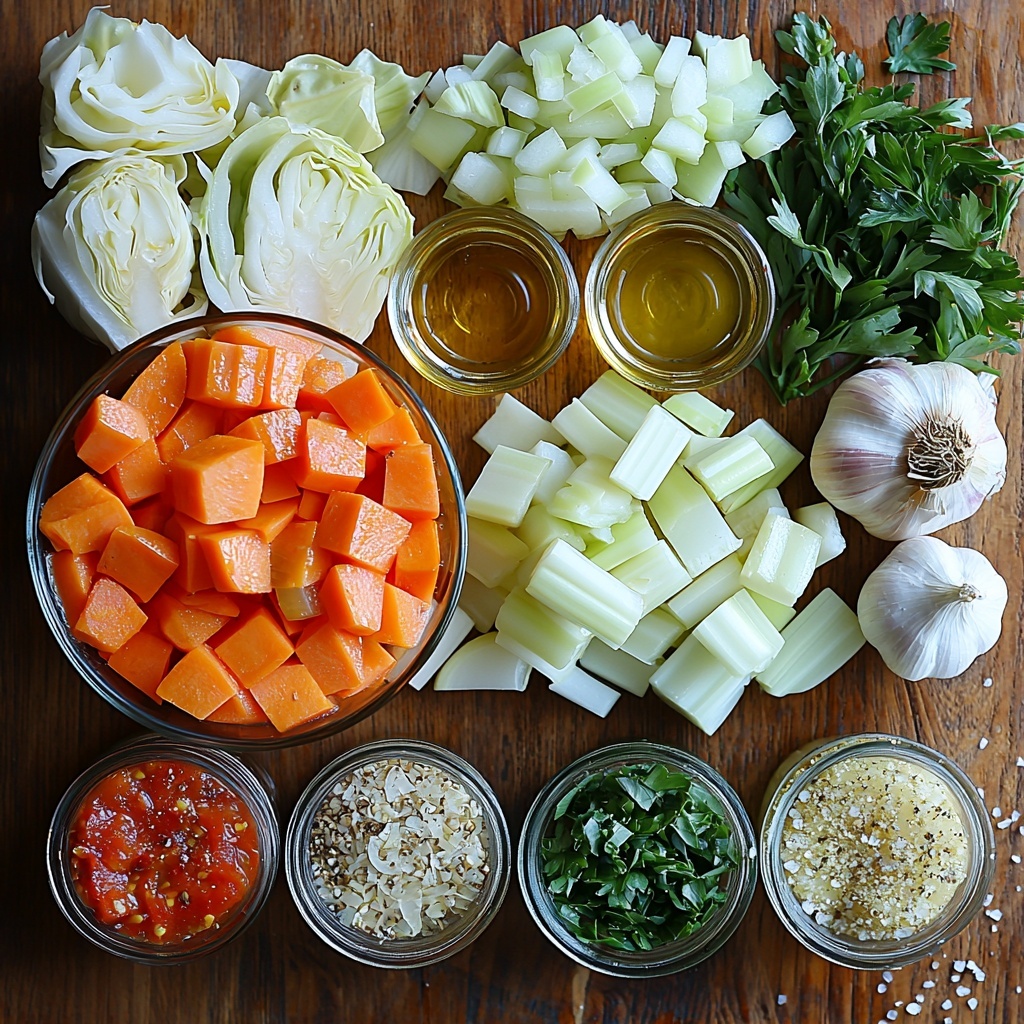 2 tablespoons of golden extra virgin olive oil in a small glass bowl, 1 medium yellow onion diced into small cubes, 2 cloves of white garlic minced finely, 2 bright orange carrots sliced into rounds, 3 pale green celery ribs sliced, 1 small green cabbage chopped showing crisp leafy texture, 1 medium potato peeled and cut into neat ½-inch cubes with creamy white flesh, ½ teaspoon of mixed Italian seasoning herbs sprinkled loosely, 2 rustic cans of fire-roasted diced tomatoes with rich red and charred bits visible through the open cans, 4 cups of clear golden vegetable stock in a glass measuring cup, ¼ cup fresh bright green parsley finely chopped, 1 small clear glass bowl with amber apple cider vinegar, scattered coarse salt crystals and freshly ground black peppercorns in small piles nearby; all ingredients artfully arranged on a clean, light wooden surface with natural soft daylight highlighting the fresh textures and vibrant colors, minimal shadows, a few fresh parsley sprigs and whole garlic cloves placed decoratively for contrast, overhead shot, top down view, flat lay photography, professional food styling --ar 1:1 --q 2 --s 750 --v 6.1
