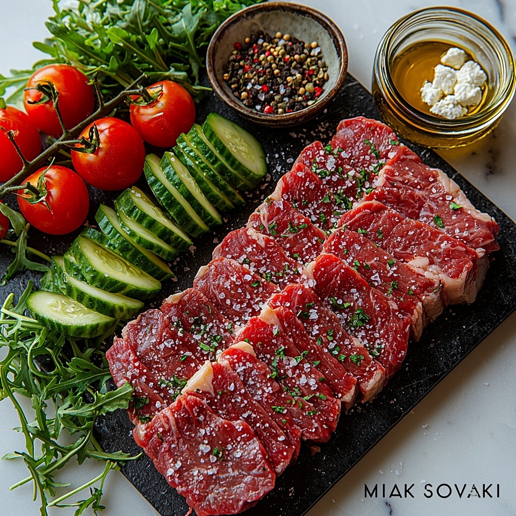 New York strip steak raw and sliced, thick and marbled rich red meat with white fat, kosher salt sprinkled on the steak, small bowl of avocado oil golden yellow, fresh vibrant green arugula leaves loosely piled, bright red cherry tomatoes whole and halved showing juicy interiors, cubed crisp Persian cucumber pale green with white centers, large avocado slices creamy light green with dark skin edges, thinly sliced translucent purple-red red onion, small bowl of dark purple Kalamata olives glossy, crumbled white feta cheese with crumbly texture scattered, flaky sea salt crystals sparkling, small bunch of finely chopped fresh tarragon bright green, finely chopped shallot pale purple, two small bowls with grainy mustard golden yellow and smooth Dijon mustard light yellow, red wine vinegar in a small clear jar deep reddish hue, extra virgin olive oil glistening golden liquid in a small dish, all ingredients artfully arranged on a clean white marble surface with natural light, soft shadows, pops of color and contrasting textures emphasized, minimalistic and fresh styling, overhead shot, top down view, flat lay photography, professional food styling --ar 1:1 --q 2 --s 750 --v 6.1