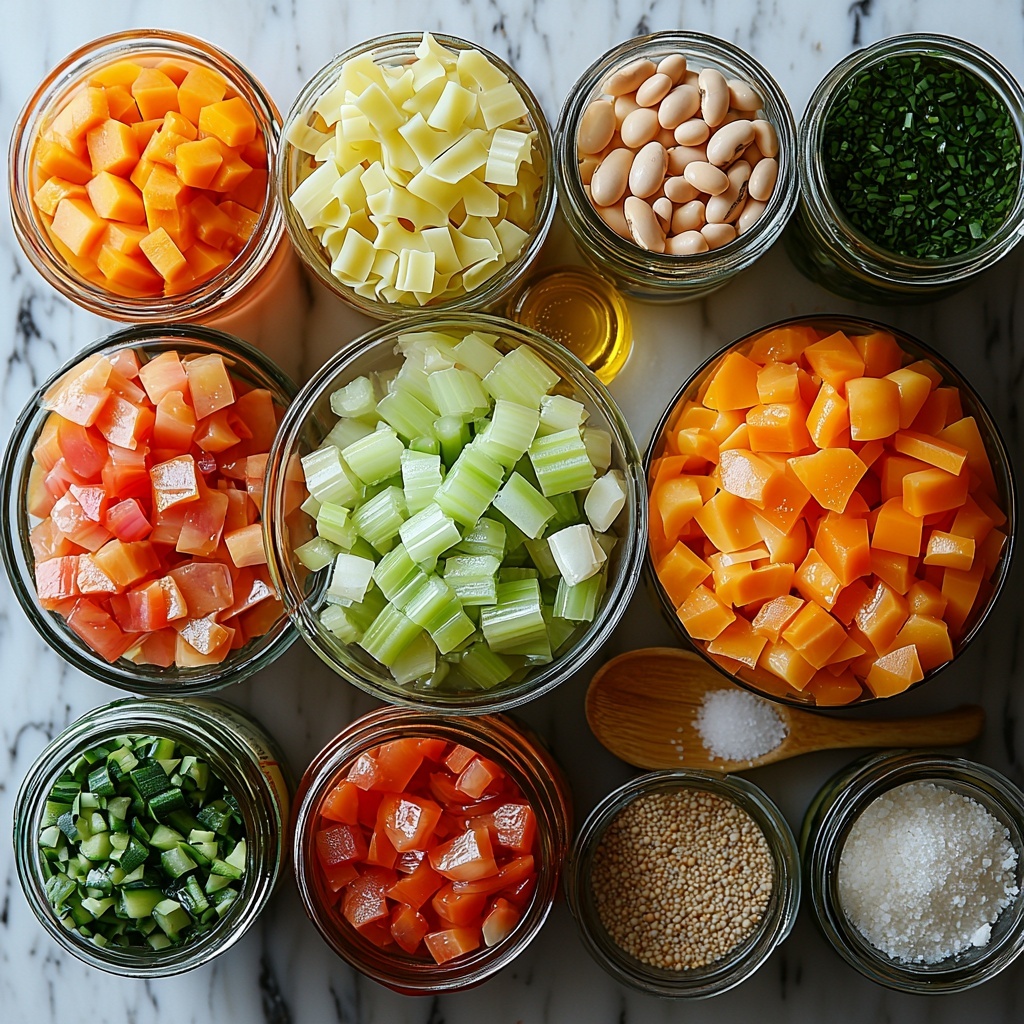 2 tablespoons golden olive oil in a small glass bowl, medium yellow onion finely chopped in a neat pile, three cloves garlic minced with fine texture arranged beside the onion, two bright green celery ribs chopped into small pieces, two vibrant orange carrots peeled and sliced into thin rounds, a clear measuring cup filled with rich amber vegetable broth, an opened rustic can with deep red crushed tomatoes showing texture, two open cans of beans—one with glossy dark red kidney beans, the other with creamy white beans drained and displayed separately, a small heap of fresh chopped green beans with bright green snap, one medium zucchini diced into pale green cubes with firm texture, a stylish spoon with Italian seasoning herbs sprinkled on a white surface, a teaspoon of fine white sugar beside it, a small white bowl filled with mixed small pasta shapes like elbows and shells showing varying ivory tones, coarse salt and black peppercorns scattered lightly nearby, and a small dish of finely grated parmesan cheese with a snowy texture. All ingredients are arranged thoughtfully on a clean white marble surface with natural soft daylight casting gentle shadows, creating a vibrant and fresh color palette of greens, oranges, reds, and whites. Overhead shot, top down view, flat lay photography, professional food styling --ar 1:1 --q 2 --s 750 --v 6.1