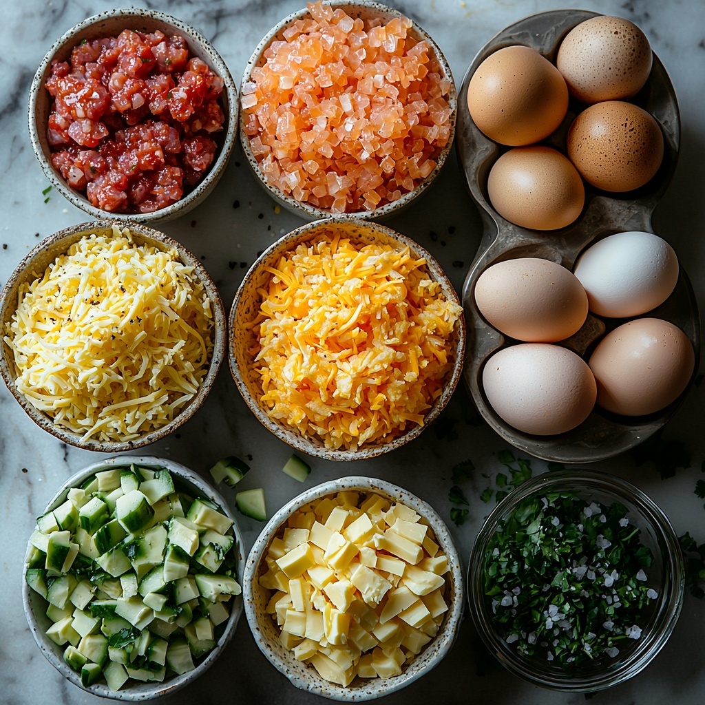 A vibrant flat lay of all main ingredients for Hash Brown Breakfast Bowls arranged neatly on a clean white marble surface. Four cups of golden, shredded hash browns spread in a small rustic bowl, next to a small clear glass bowl with raw breakfast sausage, pink and finely crumbled. A white ceramic bowl holds six large brown eggs, some cracked open showing rich yellow yolks, and beside it a glass measuring cup with creamy whole milk. Sprinkled salt and black pepper in tiny white porcelain spoons add texture and contrast. A small pile of shredded bright orange cheddar cheese is artfully scattered nearby. A small dish of deep red salsa with visible seeds, adjacent to a vibrant green diced avocado bowl. Two fresh green onions, sliced thinly, lay delicately fanned out next to a small pile of bright green chopped cilantro leaves. Warm natural light highlights the varied colors and textures, shadows soft, emphasizing freshness and inviting comfort food vibes. Overhead shot, top down view, flat lay photography, professional food styling --ar 1:1 --q 2 --s 750 --v 6.1