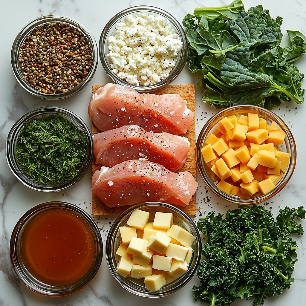 Slow cooker crack chicken soup ingredients arranged on a clean white marble surface: two raw chicken breasts with a subtle pink hue, small piles of onion powder, garlic powder, dried dill weed, dried chives, salt and freshly ground black pepper in neat little mounds; a clear glass bowl with low sodium chicken broth reflecting light, four crispy cooked bacon slices crumbled into rustic pieces, a small dish of glossy bacon grease; a block of cream cheese cut into perfect cubes showing smooth, creamy texture; a small heap of shredded sharp cheddar cheese in bright yellow-orange tones; a cluster of fresh baby kale leaves with deep green, crinkled texture; chopped bright green scallions scattered delicately nearby. The ingredients are arranged thoughtfully with ample negative space, natural soft daylight illuminating from the side, subtle shadows adding depth, styled with minimal rustic props like a wooden cutting board and a linen napkin peeking from the edge to enhance the cozy, homemade vibe. The overall composition is clean, vibrant, and inviting. Overhead shot, top down view, flat lay photography, professional food styling --ar 1:1 --q 2 --s 750 --v 6.1