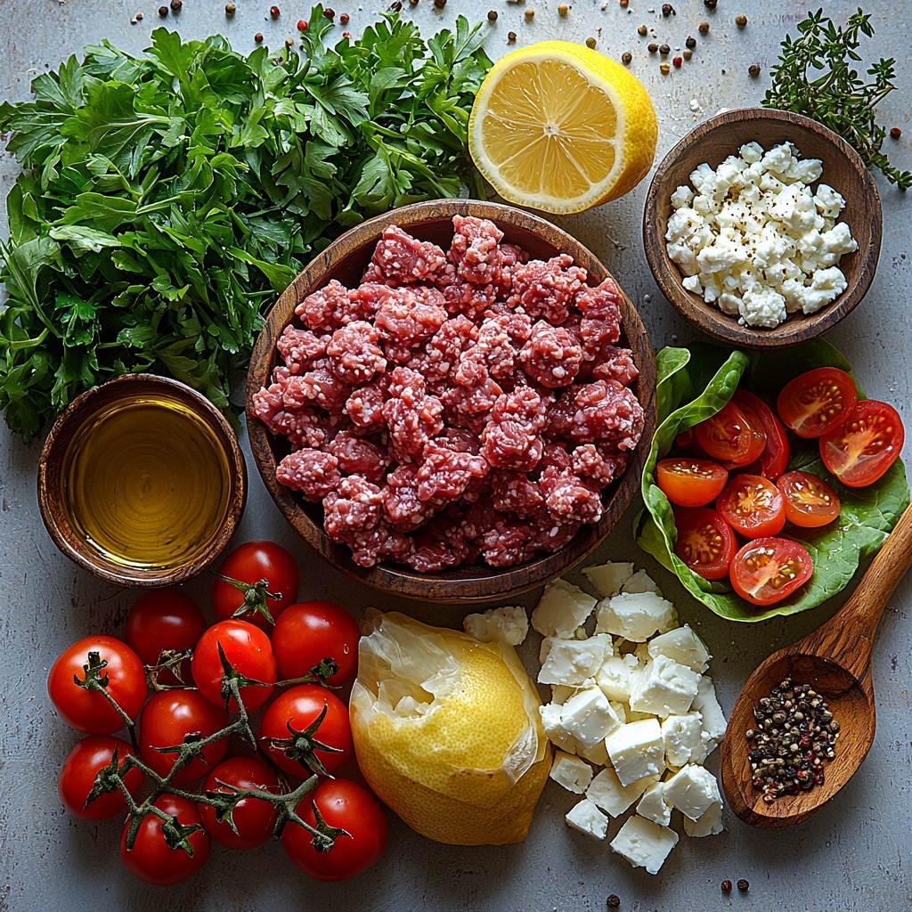 A bright, clean flat lay arrangement of Mediterranean ground beef lettuce wrap ingredients on a crisp white surface. Ingredients include a small bowl of golden olive oil gleaming under soft light; a mound of raw ground beef with rich red and marbled pink tones; finely chopped white onion scattered beside a small heap of minced garlic cloves; vibrant red cherry tomatoes halved and diced, their juicy textures visible; a small wooden spoon dusted with warm brown ground cumin, paprika, and dried oregano powder; fresh green parsley leaves loosely gathered with delicate texture; creamy white crumbled feta cheese in a small rustic ceramic bowl; a wedge of lemon showing bright yellow flesh and glossy skin; and large fresh butter lettuce or romaine leaves fanned out with crisp, bright green veining. The composition is balanced with natural shadows and a touch of rustic charm, showcasing contrasting textures and vivid Mediterranean colors. Overhead shot, top down view, flat lay photography, professional food styling --ar 1:1 --q 2 --s 750 --v 6.1