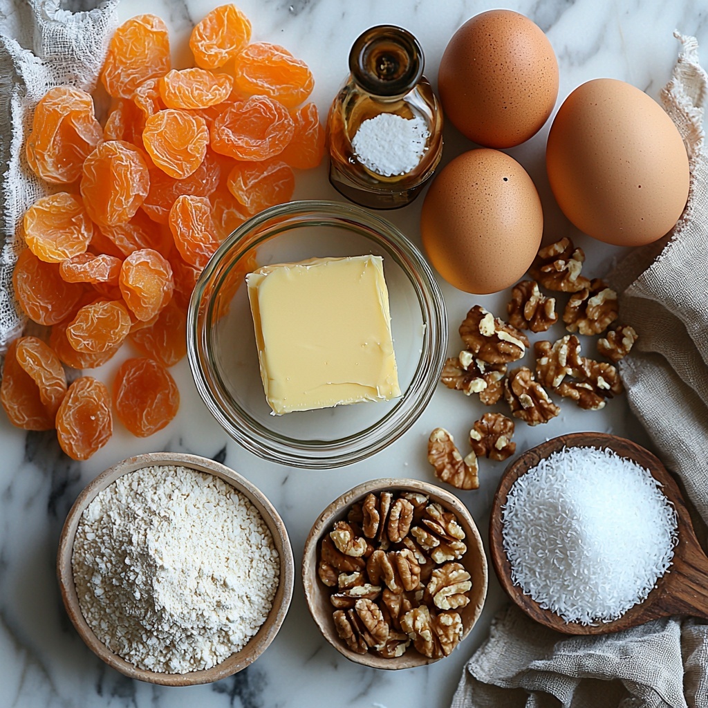 Softened butter in a small glass bowl, a mound of granulated sugar beside it, a neat pile of all-purpose flour scattered artfully, bright orange dried apricots roughly chopped and glistening, two large brown eggs with smooth shells, a heap of rich brown packed sugar, a spoonful of baking powder next to a sprinkle of fine salt, a small bottle or dropper of pure vanilla extract with amber liquid, a small bowl filled with chopped walnuts displaying textured ridges, a delicate pile of sweetened flaked coconut showcasing its snowy white color and flaky texture, and a small mound of powdered sugar dusted lightly nearby. All ingredients are arranged on a pristine white marble surface with natural soft lighting casting gentle shadows, styled with minimal rustic props like a wooden spoon and linen napkin to add warmth without distraction. The scene emphasizes the variety of textures and warm earthy tones contrasted with bright white and soft amber hues, inviting and ready for baking. overhead shot, top down view, flat lay photography, professional food styling --ar 1:1 --q 2 --s 750 --v 6.1