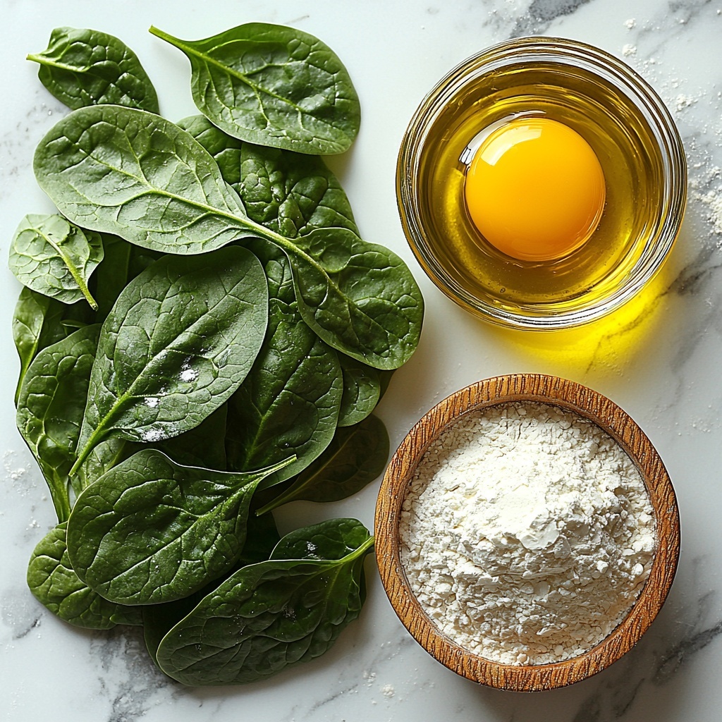 fresh spinach leaves, tender baby spinach, vibrant deep green color, scattered loosely to show fresh texture; one large glossy egg and one bright yellow egg yolk in a small clear glass bowl, placed side by side; 250 grams fine white Tipo 00 flour in a neat pile with a small wooden scoop partially buried; small glass bowl of golden olive oil with a delicate sheen; all ingredients arranged neatly on a clean white marble surface with soft natural light enhancing the colors and textures, subtle shadows adding depth, minimalistic style with ample negative space, gentle highlights on the glossy eggs and olive oil, emphasizing freshness and quality, overhead shot, top down view, flat lay photography, professional food styling --ar 1:1 --q 2 --s 750 --v 6.1