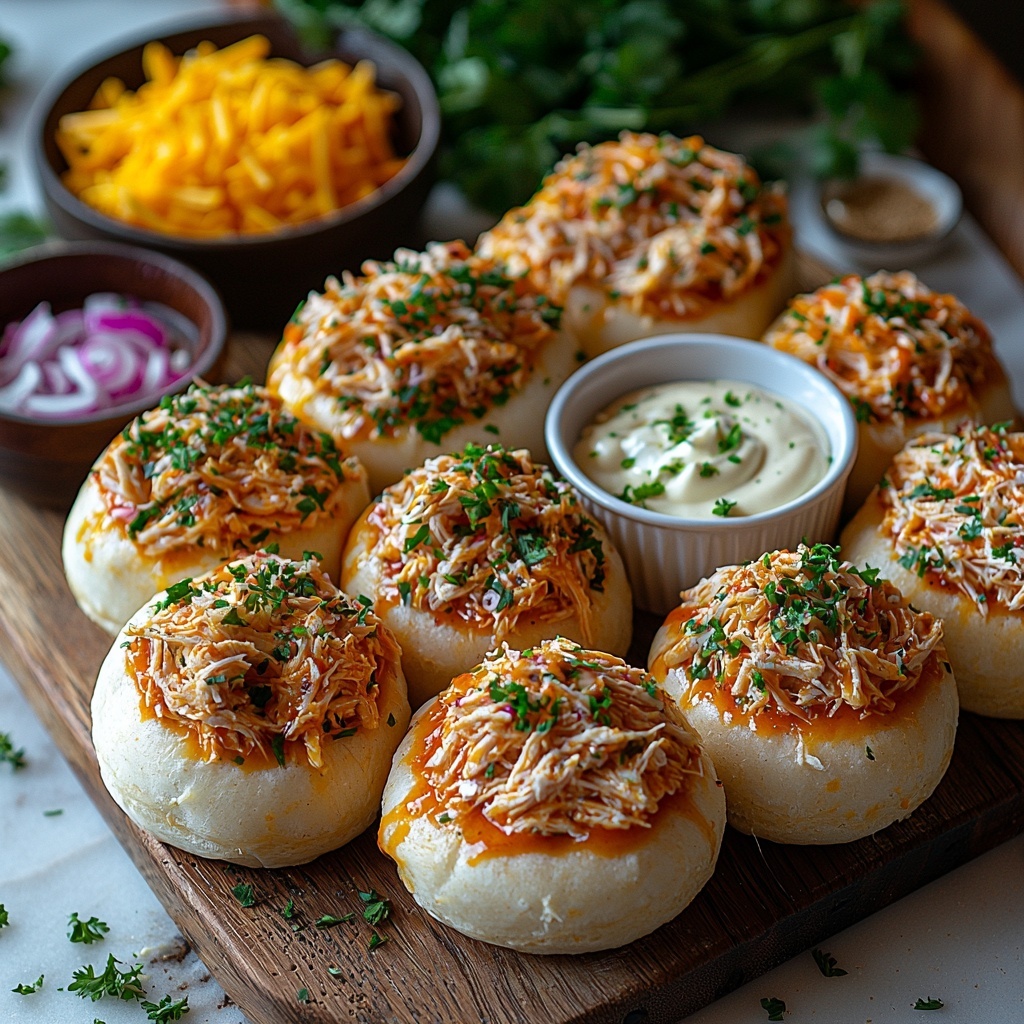 twelve soft golden Hawaiian rolls arranged in a neat stack, two cups of shredded cooked chicken piled loosely in a white ceramic bowl, a small glass bowl filled with vibrant orange-red buffalo sauce, a quarter cup of creamy white ranch dressing in a tiny dish, half a cup of shredded bright yellow cheddar cheese scattered casually on a wooden board, a small bowl of melted golden butter glistening with a smooth texture, a close-up of garlic powder and onion powder sprinkled artfully on a dark rustic dish, fresh bright green chopped parsley sprinkled lightly nearby, all ingredients spaced evenly on a clean white marble surface with natural soft lighting highlighting textures and colors, slight shadows for depth, minimalistic and airy composition, crisp focus, overhead shot, top down view, flat lay photography, professional food styling --ar 1:1 --q 2 --s 750 --v 6.1