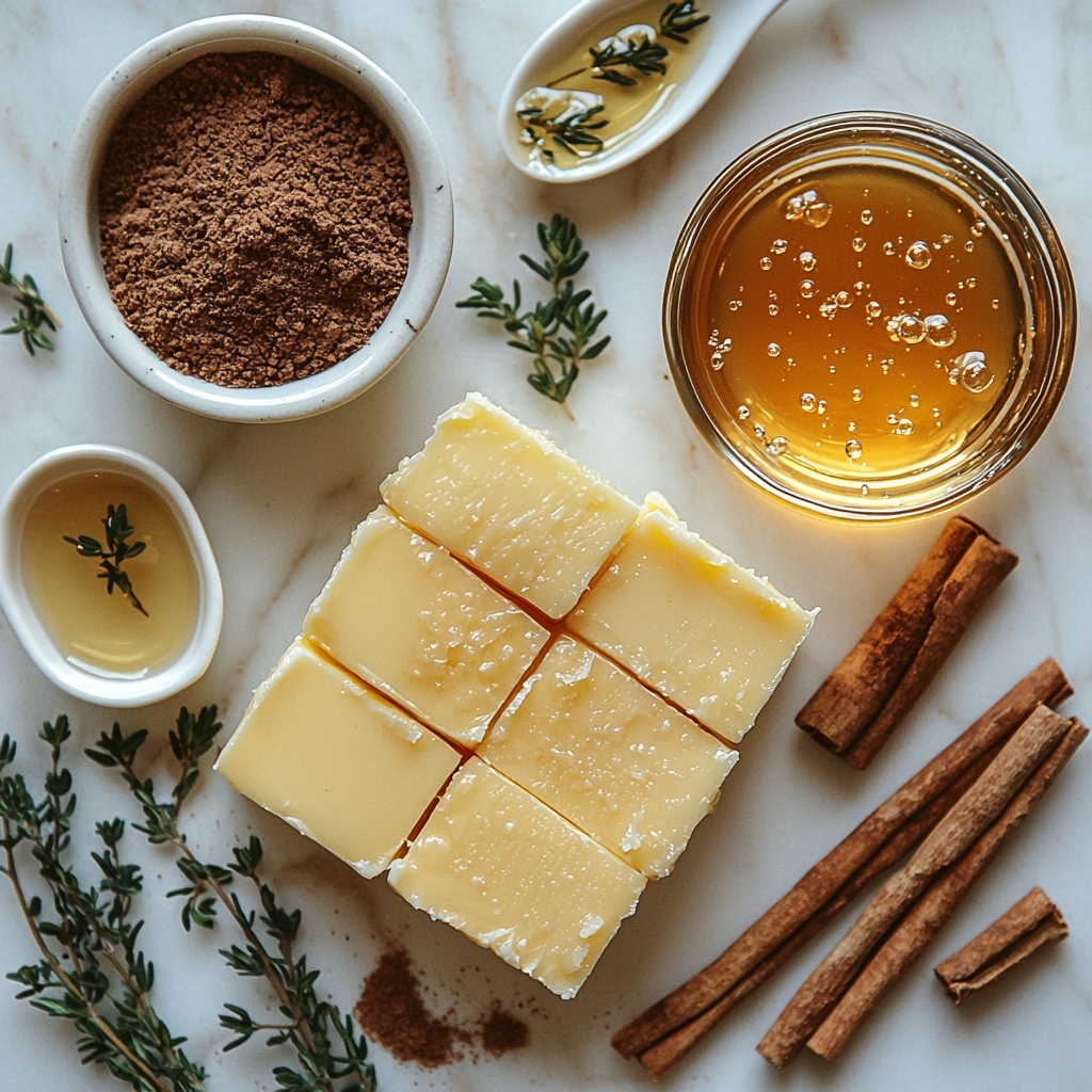 A bright, clean flat lay of creamy softened unsalted butter shaped into a smooth square on a small white ceramic dish, next to a clear glass bowl filled with golden, translucent honey catching the light. Nearby, a small white porcelain spoon holds a drizzle of honey. Delicately placed teaspoons contain fine ground cinnamon with a warm reddish-brown hue and a drop of rich amber vanilla extract in a tiny white dish. The surface is a crisp white marble countertop that highlights the creamy yellow butter and warm honey tones. Soft natural lighting enhances the textures: the buttery smoothness, the glossy honey, and the powdery cinnamon. Minimal shadows, a few scattered cinnamon sticks and a sprig of fresh green thyme add subtle rustic charm and color contrast. The composition is neat and balanced with negative space, styled for a modern, inviting breakfast vibe. Overhead shot, top down view, flat lay photography, professional food styling --ar 1:1 --q 2 --s 750 --v 6.1