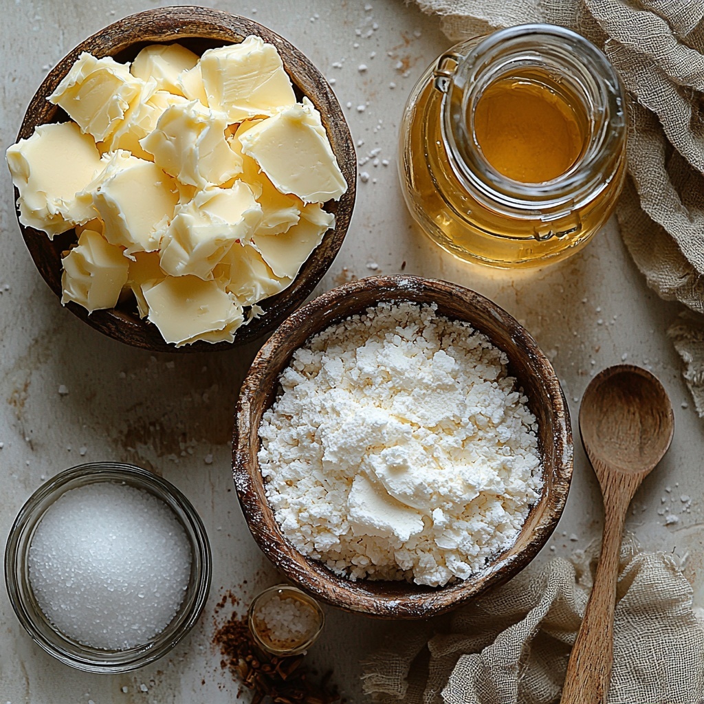 Unsalted butter softened to room temperature in a small rustic ceramic bowl, a neat pile of fine white powdered sugar in a glass measuring cup, a small vintage silver teaspoon holding ½ teaspoon of coarse salt, a clear glass bowl with 2 ounces of smooth heavy cream, and a slender clear bottle with 1 tablespoon of amber vanilla extract. All ingredients are arranged neatly on a clean, matte white surface with subtle soft natural daylight casting gentle shadows. The butter’s creamy texture contrasts with the powdery sugar, the salt crystals add a slight sparkle, and the heavy cream’s glossy surface reflects the light softly. Minimal props like a wooden spoon and a delicate linen napkin in soft beige tones complete the scene, emphasizing the simplicity and freshness of the ingredients. Overhead shot, top down view, flat lay photography, professional food styling --ar 1:1 --q 2 --s 750 --v 6.1