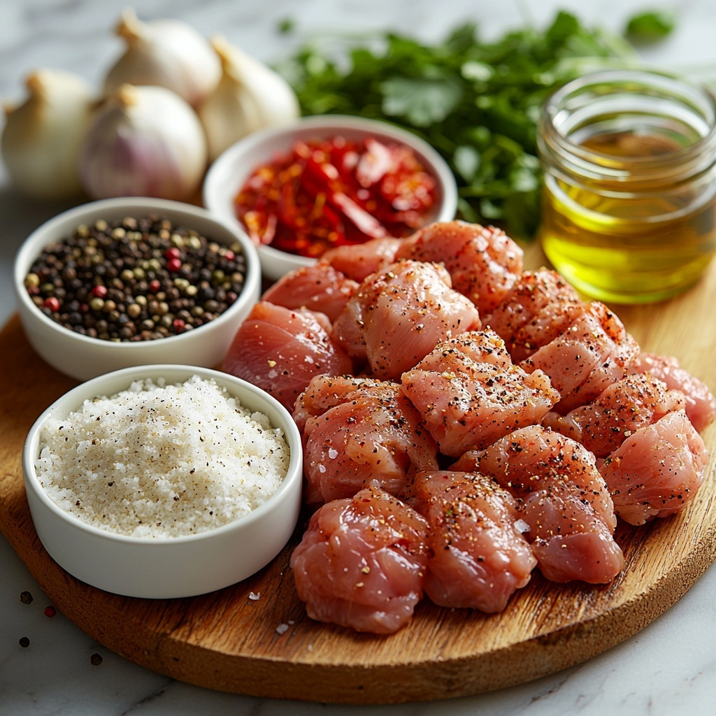 cornflour in a small white ceramic bowl, coarse texture, bright white powder; coarse ground black pepper scattered beside it, dark speckles; table salt crystals in a small glass jar, sparkling white grains; Chinese five-spice powder in a rustic wooden spoon, warm reddish-brown color; six raw skinless chicken thigh fillets, quartered, pale pink with visible texture of meat fibers, arranged neatly on a light wooden cutting board; peeled onion cut into chunky 1.5-2 cm pieces, translucent white with smooth skin; fresh red chili, chopped into small vibrant red pieces; fresh green chili, chopped into small bright green pieces; two garlic cloves minced, creamy off-white with fine texture; three spring onions, roughly chopped, vibrant green stalks with white bulbs; vegetable oil in a clear glass measuring cup showing golden yellow liquid; ingredients arranged on a clean white marble surface, ample negative space, natural diffused soft light from one side creating gentle shadows, minimalistic style, sharp focus with shallow depth of field highlighting textures, fresh and inviting look, overhead shot, top down view, flat lay photography, professional food styling --ar 1:1 --q 2 --s 750 --v 6.1