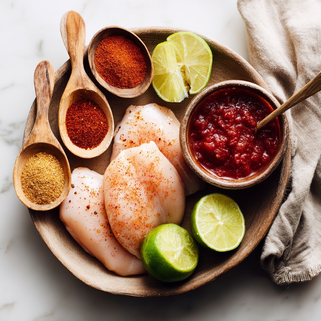 boneless skinless chicken breasts, chili powder, cumin, paprika, garlic powder, onion powder, red salsa in a small rustic bowl, fresh limes halved and whole, small bowl of chicken broth, arranged neatly on a clean white marble surface; chicken breasts placed centrally with small wooden spoons holding the colorful spices fanned out around them in vibrant reds, oranges, and earthy browns; bright green limes adding fresh contrast near a clear glass bowl of deep red salsa; soft natural lighting emphasizing textures—the smooth chicken, coarse spices, juicy lime flesh, glossy salsa; minimal shadows, crisp focus highlighting each ingredient’s freshness and color; rustic wooden cutting board partially visible under chicken, a linen napkin folded casually at the edge to add warmth and depth—overhead shot, top down view, flat lay photography, professional food styling --ar 1:1 --q 2 --s 750 --v 6.1