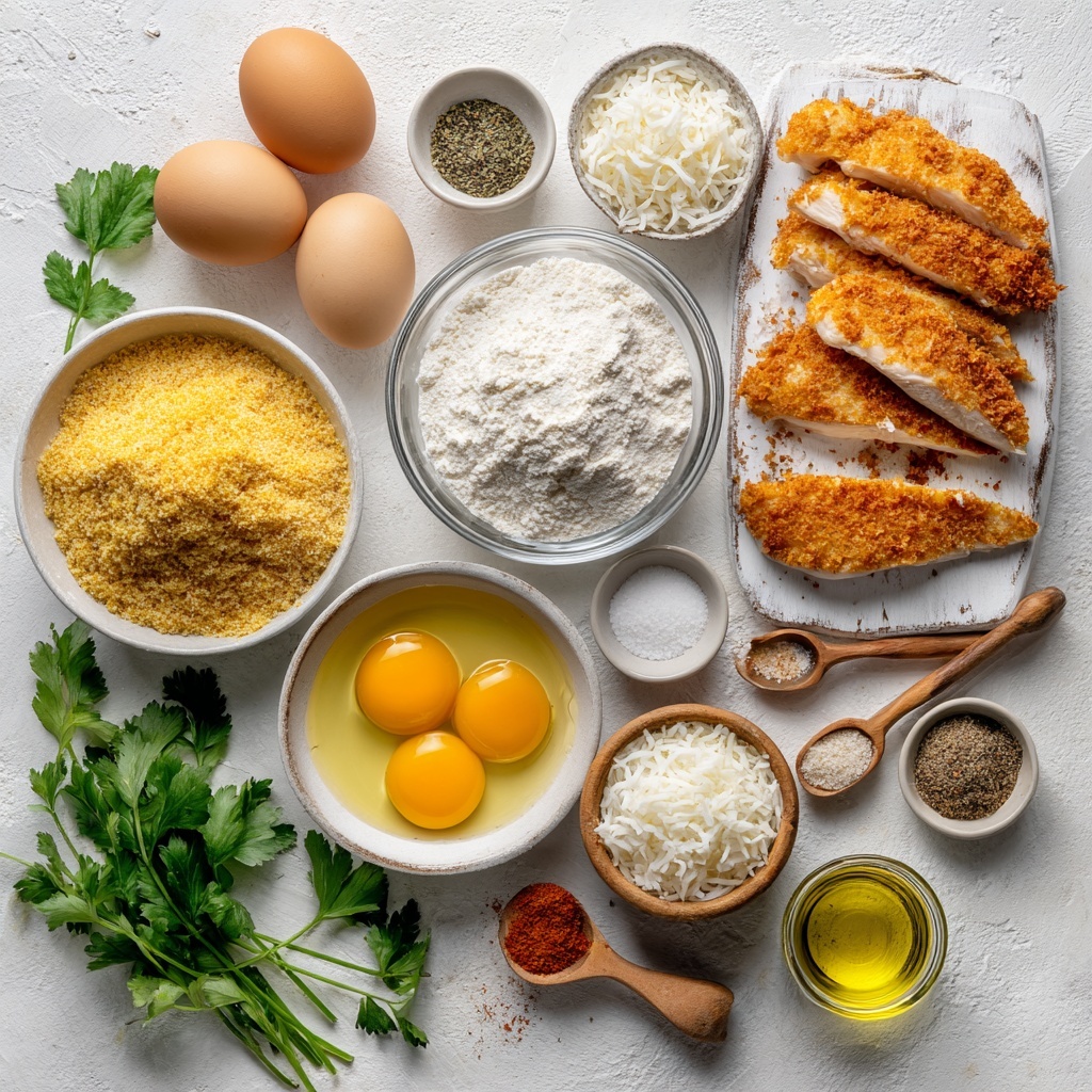 boneless skinless chicken breasts cut into strips, white all-purpose flour in a small bowl, two large eggs beaten in a clear glass bowl, shredded coconut (white and flaky) in a separate bowl, golden panko breadcrumbs mixed with shredded coconut, small bowls containing salt, black pepper, garlic powder, and paprika arranged neatly, half cup of coconut oil in a small glass dish, wooden spoon and measuring spoons scattered casually, all ingredients placed on a clean, bright white textured surface, natural soft lighting highlighting the varied textures from the smooth eggs to the rough coconut and crispy breadcrumbs, minimal shadows, a fresh sprig of cilantro or parsley adding a pop of green color, crisp and vibrant colors emphasizing freshness and rustic simplicity, overhead shot, top down view, flat lay photography, professional food styling --ar 1:1 --q 2 --s 750 --v 6.1