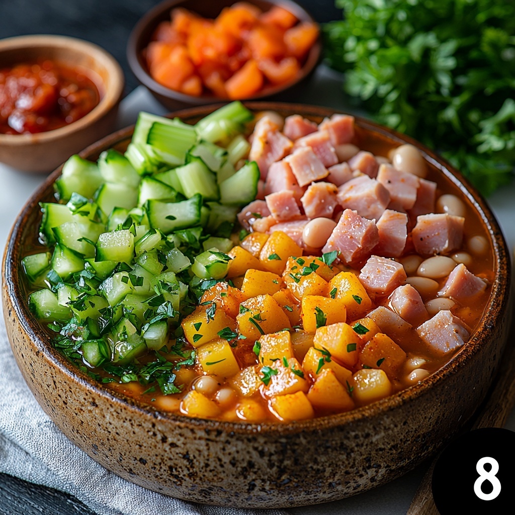 20 ounces dry mixed beans in a small rustic ceramic bowl, 8 cups of golden reduced sodium chicken broth in a clear glass measuring cup, a meaty smoked ham bone with visible textured meat and bone, one medium yellow onion chopped into coarse pieces on a wooden cutting board, two ribs of bright green celery diced into small cubes on a white ceramic dish, two medium vibrant orange carrots chopped roughly on a natural linen cloth, a 14.5-ounce can of diced tomatoes with rich red color and juices in an open vintage metal can, small bowls containing 1½ teaspoons deep red chili powder and 1 teaspoon finely chopped dried green parsley, all arranged neatly on a clean white marble surface with soft natural daylight casting gentle shadows, accents of fresh parsley sprigs and rustic wooden spoons placed artfully for balance, subtle textures from linen and wood contrasting with the smooth ceramics, creating a warm, inviting, and organized composition — overhead shot, top down view, flat lay photography, professional food styling --ar 1:1 --q 2 --s 750 --v 6.1