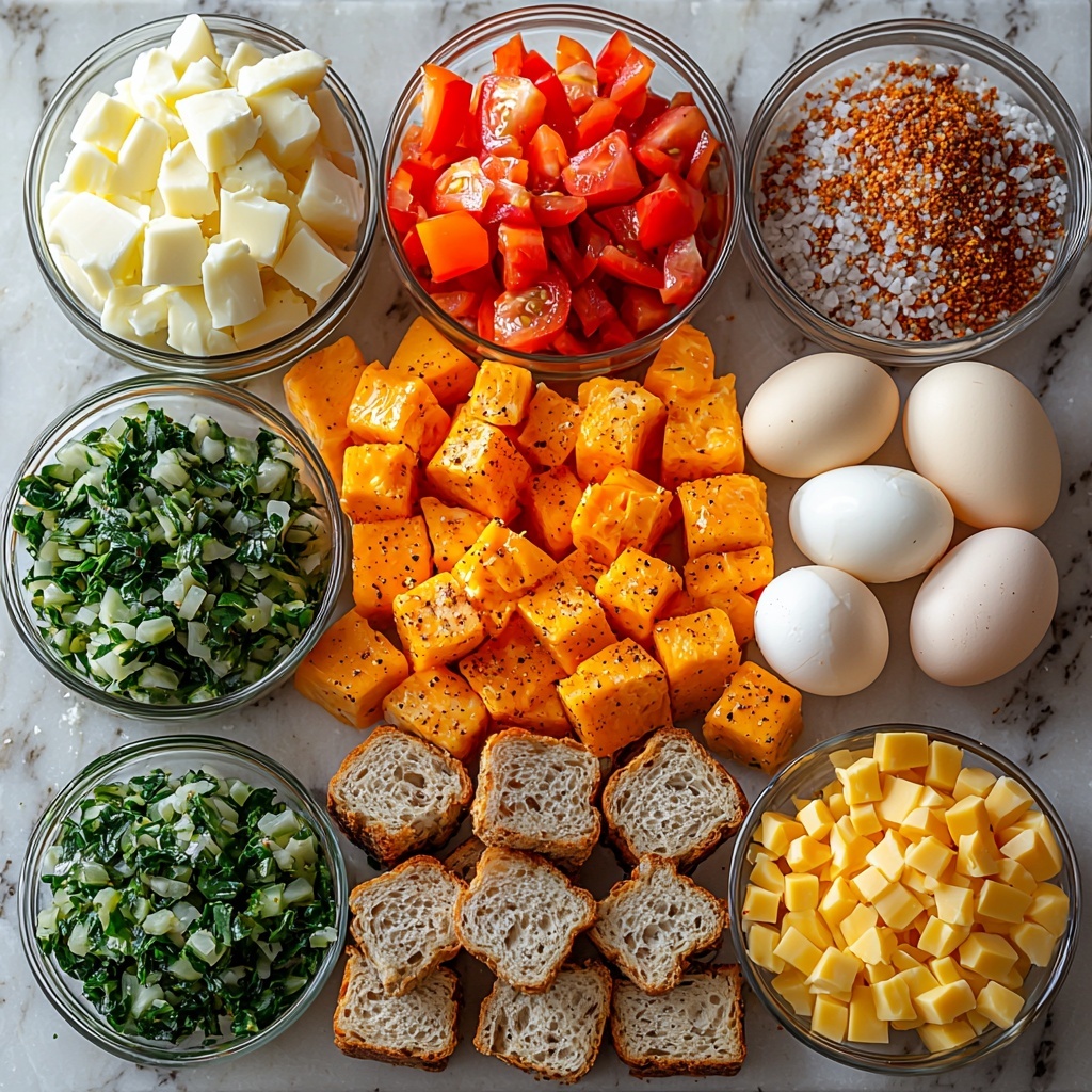 Breakfast sausage crumbles, whole large eggs with smooth shells, a glass bowl of creamy milk, a small heap of shredded cheddar cheese with rich orange color, golden bread cubes stacked neatly, small piles of diced vibrant bell peppers in red, yellow, and green, bright chopped fresh spinach leaves, finely diced translucent onions, assorted seasoning bowls with coarse salt, cracked black pepper, garlic powder, and smoked paprika in warm reddish hue, all arranged artfully on a clean white marble surface to highlight their natural colors and textures. Natural soft daylight enhances the fresh, inviting look with subtle shadows, space between each ingredient for clarity, styled with rustic wooden spoons and minimal kitchen linen accents. Overhead shot, top down view, flat lay photography, professional food styling --ar 1:1 --q 2 --s 750 --v 6.1