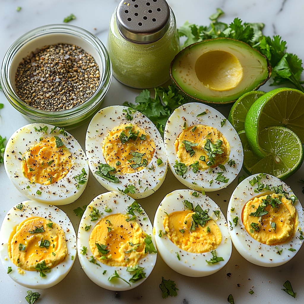 6 large hard boiled eggs, 1 ripe avocado sliced in half showing bright green flesh and seed, small glass bowl with pale yellow Dijon mustard, small bowl of fresh chopped green cilantro, halved lime with vibrant green skin and juicy interior, white ceramic dish holding coarse salt and a black pepper grinder, all ingredients neatly arranged on a clean white marble surface with soft natural lighting highlighting textures — smooth avocado flesh, glossy eggshells, creamy mustard, fresh cilantro leaves, and juicy lime segments. Composition balanced with space between items and subtle shadows adding depth, minimalistic and fresh aesthetic, overhead shot, top down view, flat lay photography, professional food styling --ar 1:1 --q 2 --s 750 --v 6.1