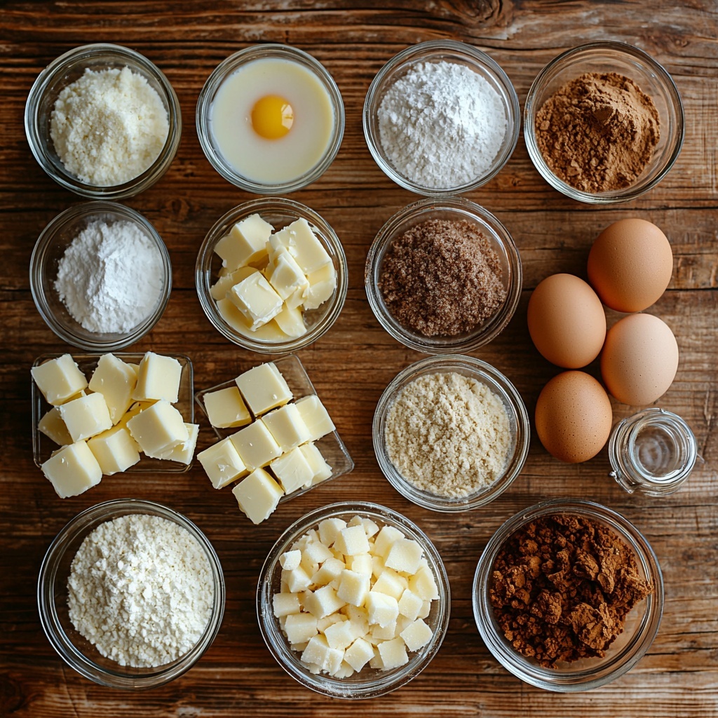 A clean, light wooden surface neatly arranged with main ingredients for Eggnog Snickerdoodle Cookies: a small bowl of softened pale yellow unsalted butter, a clear glass bowl of sparkling white granulated sugar, another bowl holding rich golden light brown sugar, a single large smooth brown egg, a small glass jar of amber vanilla extract, tiny piles of fine white salt, warm reddish-brown cinnamon powder, and finely grated nutmeg, a heap of white baking powder, cream of tartar powder in a small white dish, a mound of pure white all-purpose flour, a transparent glass measuring cup filled with creamy pale beige eggnog, and a small bowl with a mix of granulated sugar, cinnamon, and nutmeg creating a textured golden brown topping. The ingredients are spaced evenly, some in clear glass bowls, others as small artistic piles, with soft natural daylight casting gentle shadows, highlighting the varied textures—powders, granules, smooth liquids, and creamy butter. The composition is styled to feel rustic yet clean, with a neutral color palette accented by warm spices, evoking cozy holiday baking vibes. Overhead shot, top down view, flat lay photography, professional food styling --ar 1:1 --q 2 --s 750 --v 6.1