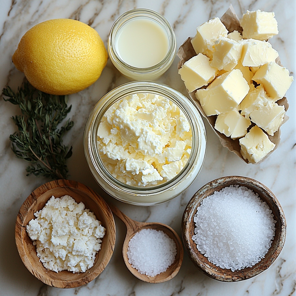 A clean white marble surface with all the main ingredients for farmer’s cheese recipe arranged neatly in a balanced flat lay: a large glass gallon jar filled with creamy whole milk, a small clear glass bowl containing vibrant white vinegar, a small bowl with freshly squeezed bright yellow lemon juice, a rustic ceramic dish holding fine white sea salt, and a folded piece of natural cotton cheesecloth placed nearby. The milk jar shows creamy smooth texture, the vinegar and lemon juice bowls glisten with translucent liquids catching soft natural light. The sea salt crystals add a subtle sparkle and texture contrast. Minimal shadows, soft diffused lighting enhances fresh, clean colors and tactile details. Simple wooden spoon and a small metal pot added subtly to frame the composition. Overhead shot, top down view, flat lay photography, professional food styling --ar 1:1 --q 2 --s 750 --v 6.1