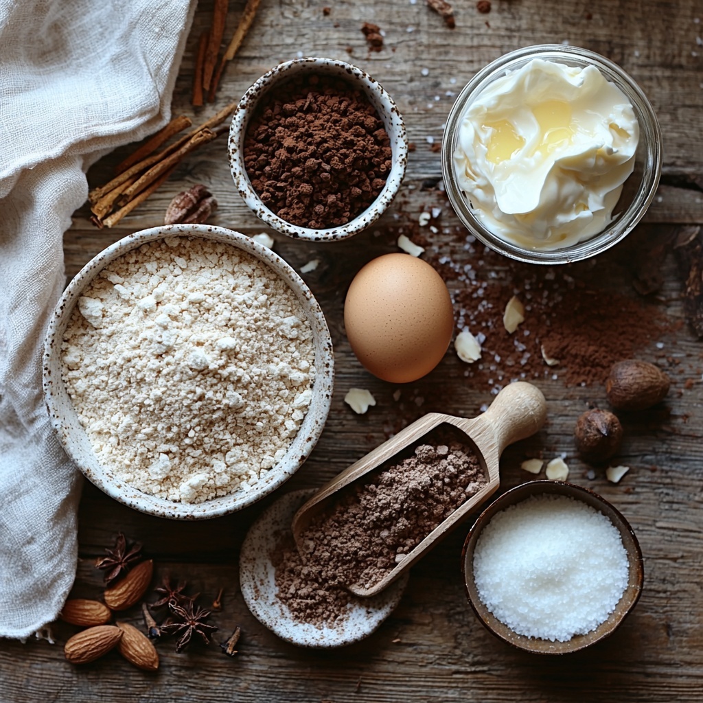 Almond flour in a small glass bowl, fine and pale beige, next to a wooden scoop with a heap of Swerve Brown sugar, rich caramel color, packed tightly. A small white ceramic dish with coconut flour, bright white and powdery, beside a tiny bowl of deep brown cocoa powder, velvety texture. Whole spices in rustic ceramic spoons: ground ginger warm golden yellow, ground cinnamon reddish-brown, and a pinch of dark ground cloves, all arranged in a neat row. A small glass jar of baking powder, with fine white powder visible, next to a small mound of coarse salt crystals on a linen napkin. Softened cream cheese dolloped on a white plate, creamy and smooth, and a cracked large brown egg with bright yellow yolk in a clear glass bowl. A small bottle of vanilla extract with deep amber liquid. For frosting ingredients: powdered Swerve sweetener in a delicate ceramic bowl, pure white and fluffy, heavy whipping cream in a clear measuring cup showing its silky texture, and a tiny bowl with water droplets. All ingredients are carefully spaced out on a clean, light wooden surface with natural diffused light, soft shadows, and minimal props — a linen cloth folded artfully at one corner, a vintage silver spoon. Overhead shot, top down view, flat lay photography, professional food styling --ar 1:1 --q 2 --s 750 --v 6.1