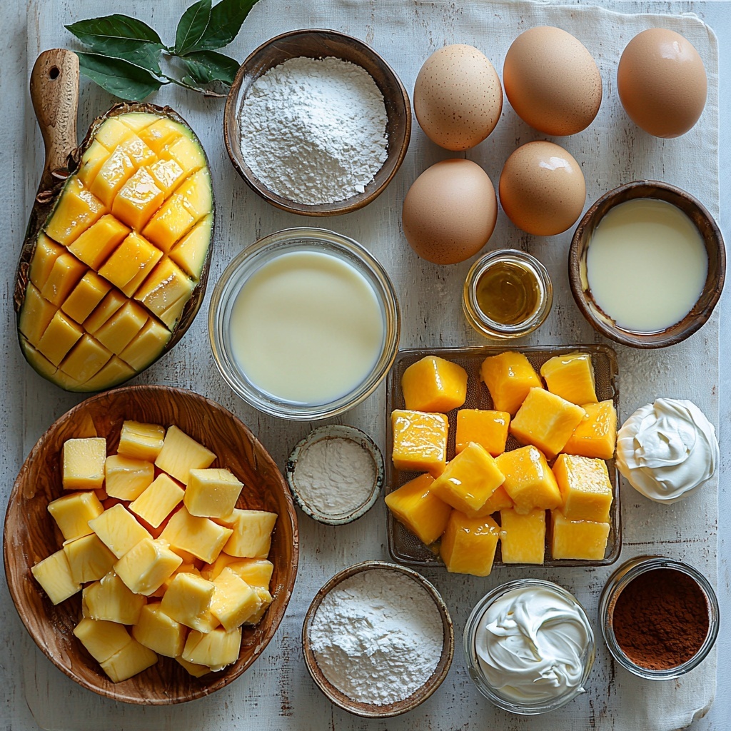 Mango Tres Leches Cake ingredients flat lay on a bright, clean white surface: melted golden butter in a small glass bowl, a neat pile of white all-purpose flour, white granulated sugar in a small dish with a tiny wooden scoop, a teaspoon of white baking powder, fine sea salt scattered elegantly in a clear dish, six large brown eggs arranged in a rustic ceramic bowl, a small measuring cup with creamy white milk, a glass bottle of vanilla extract with amber liquid, a pinch of cream of tartar in a delicate white porcelain spoon, vibrant orange-yellow cubed ripe mango in a rustic wooden bowl, an opened can of creamy white unsweetened coconut milk with a silver spoon, a can of shiny silver sweetened condensed milk partially visible, a small elegant glass with deep amber Spanish brandy, a fluffy mound of thick heavy cream in a vintage white bowl, and a small pile of warm brown ground cinnamon on a linen napkin. The ingredients are spaced thoughtfully to show varied textures—powders soft and fine, liquids glossy and reflective, fresh mangoes bright and juicy, eggs smooth and matte—with natural daylight illuminating from the top left, casting soft shadows. Minimal greenery in the form of a small green leaf near the mango adds freshness. Overhead shot, top down view, flat lay photography, professional food styling --ar 1:1 --q 2 --s 750 --v 6.1