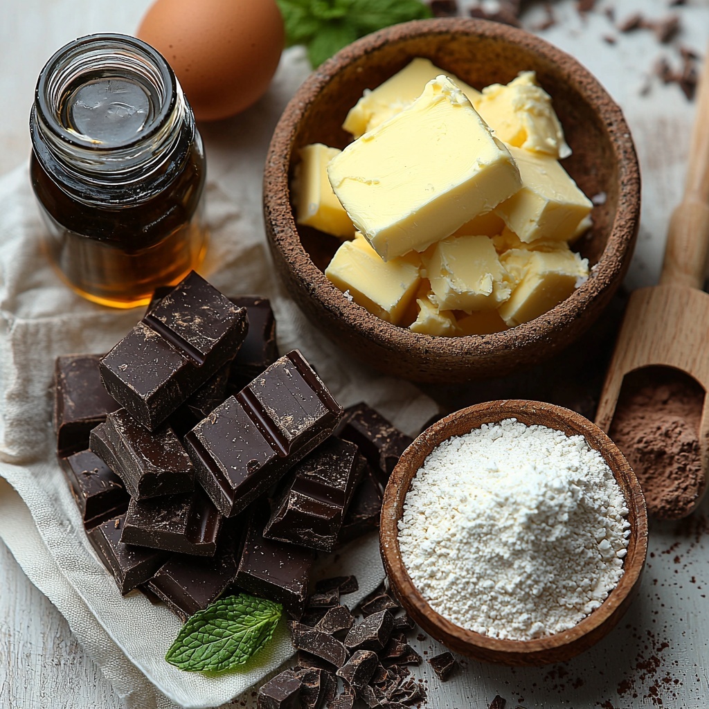 Softened unsalted butter in a small rustic ceramic bowl, a neat mound of powdered sugar gently spilling beside it, a vintage teaspoon with fine salt crystals sprinkled next to them. One large brown egg with smooth shell positioned near a small glass bottle of vanilla extract and a tiny glass vial of peppermint extract, both with delicate minimalist labels. A fine pile of rich, dark cocoa powder on a linen napkin beside a wooden scoop filled with all-purpose flour, their powders contrasting in texture and color. Chunky pieces of glossy semi-sweet dark chocolate bars stacked neatly next to a small clear dish of shimmering coconut oil. A few fresh mint leaves casually placed for a pop of green color. All items arranged on a clean, warm white surface with soft natural light casting gentle shadows, styled with subtle rustic props like parchment paper sheets and wooden utensils, capturing the rich textures and muted tones of the ingredients. The composition is balanced and airy, emphasizing the fresh, earthy, and indulgent elements of the recipe. overhead shot, top down view, flat lay photography, professional food styling --ar 1:1 --q 2 --s 750 --v 6.1