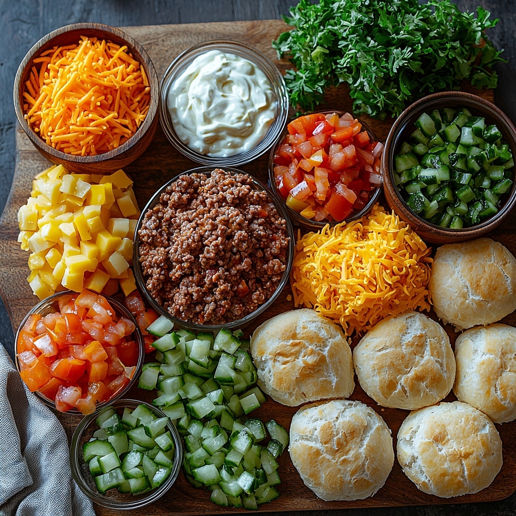 A clean, bright surface with all main ingredients for White Trash Sliders arranged neatly in a visually appealing flat lay: a bowl of rich, browned ground beef mixed with diced translucent onion; a small pile of finely diced golden-yellow onion pieces; a heap of shredded sharp cheddar cheese in vibrant orange tones; a small bowl of bright green diced pickles glistening with moisture; a glass bowl of creamy white mayonnaise with a smooth texture; a small dish of golden mustard with a glossy surface; a bowl of deep red ketchup with a shiny finish; an array of 12 soft slider buns, sliced in half with a light golden crust and fluffy, white interiors visible; scattered coarse salt and freshly ground black pepper in small piles; optional fresh garnishes of crisp green lettuce leaves and ripe red tomato slices adding fresh color contrast. Ingredients are spaced evenly with natural shadows for depth, styled with minimal rustic props like a wooden board edge, a simple linen napkin in neutral tones, and soft diffused natural light for warm inviting colors. The scene is clean, fresh, and vibrant with a balanced composition emphasizing texture, color contrast, and freshness. overhead shot, top down view, flat lay photography, professional food styling --ar 1:1 --q 2 --s 750 --v 6.1