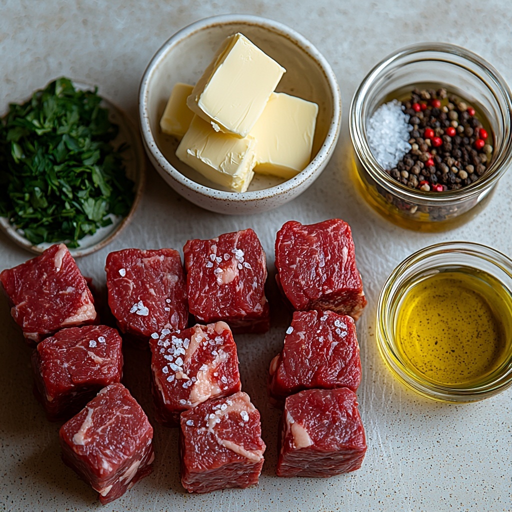 A clean, bright white surface neatly arranged with the main ingredients for Garlic Butter Steak Bites: raw sirloin steak cubes rich deep red with marbled fat, a small rustic bowl of coarse salt and cracked black pepper, a clear glass bowl of golden olive oil, an elegant slab of creamy unsalted butter on a white butter dish, four peeled garlic cloves alongside finely minced garlic on a small white plate, a small bowl of vibrant fresh green chopped parsley, a small glass container of dark brown Worcestershire sauce, and a tiny bowl of red pepper flakes adding a pop of fiery red. The ingredients are spaced evenly with gentle shadows to enhance texture — the steak’s smooth-marble contrast, the butter’s glossy softness, the garlic’s papery skins and minced granules, and the fresh herbs’ delicate leaves. Natural diffused daylight from one side softly illuminates the scene, highlighting the colors and freshness, styled with minimal, modern white ceramic vessels and wooden accents for warmth. Overhead shot, top down view, flat lay photography, professional food styling --ar 1:1 --q 2 --s 750 --v 6.1